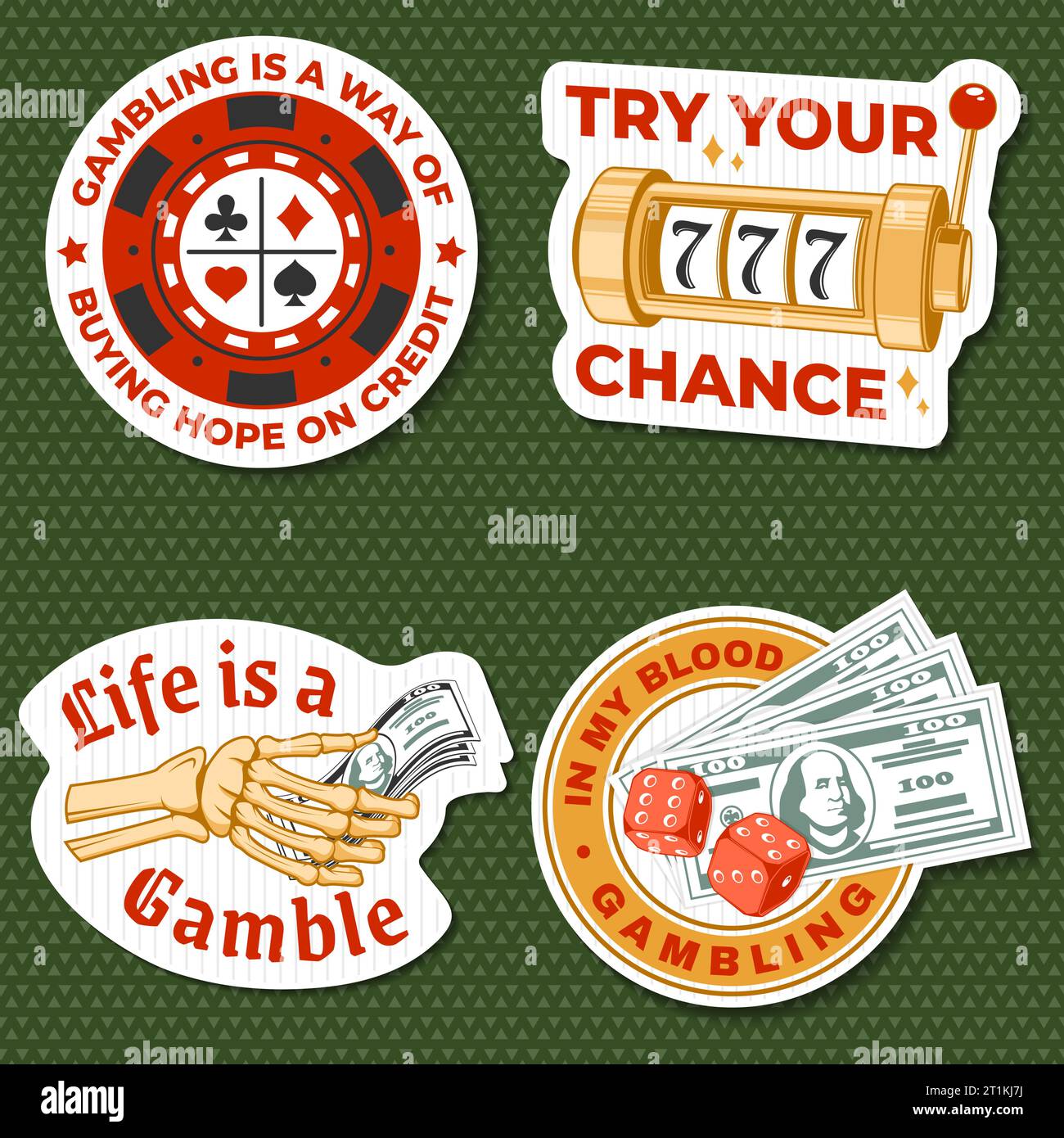 Gambling sticker, logo, badge design with wheel of fortune, two dice