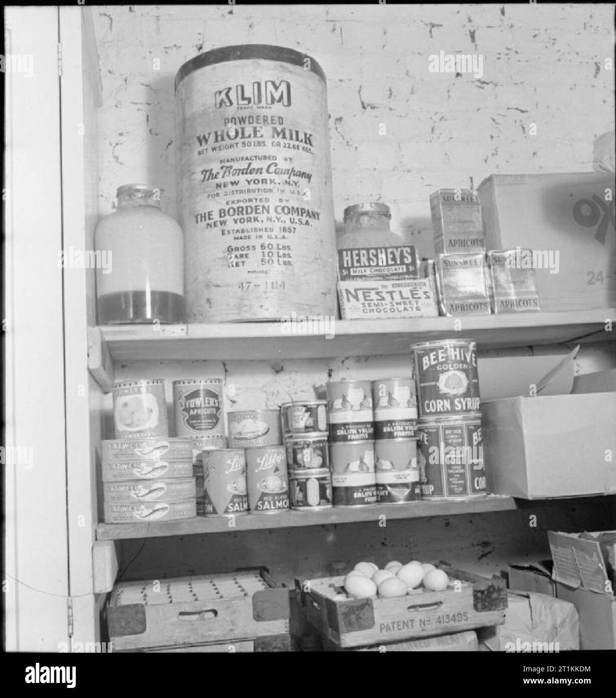 Foster Parents Plan London Nursery- Caring For Displaced Children, London, England, 1941 A corner of the larder at the 'Foster Parents Plan for War Children' nursery in Hampstead. Foods include many tinned and packed goods sent directly from the United States of America, including 'Klim' powdered milk, tinned fruit and tinned fish. Also visible on the shelves are Hershey bars and other chocolate and a good stock of fresh eggs. Stock Photo