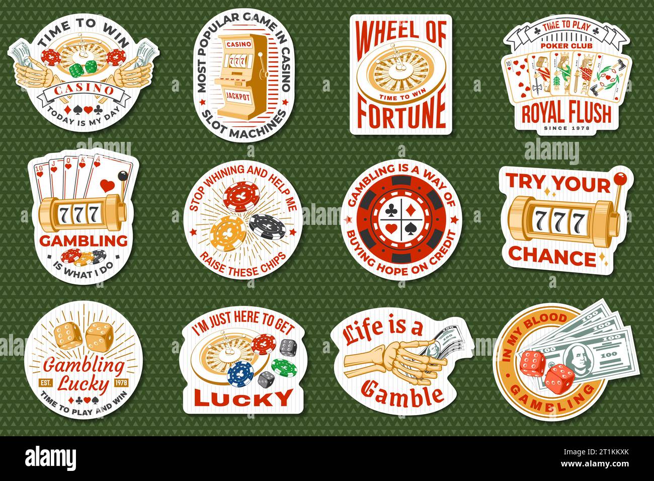 Gambling sticker, logo, badge design with wheel of fortune, two dice