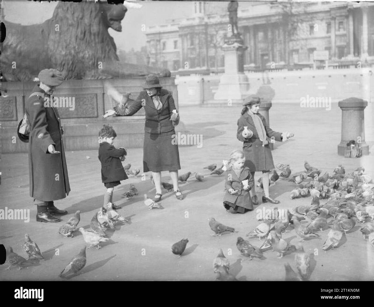 London in the Spring of 1941- Everyday Life in London, England A Canadian soldier looks on as a woman and her children feed the pigeons in Trafalgar Square. Stock Photo
