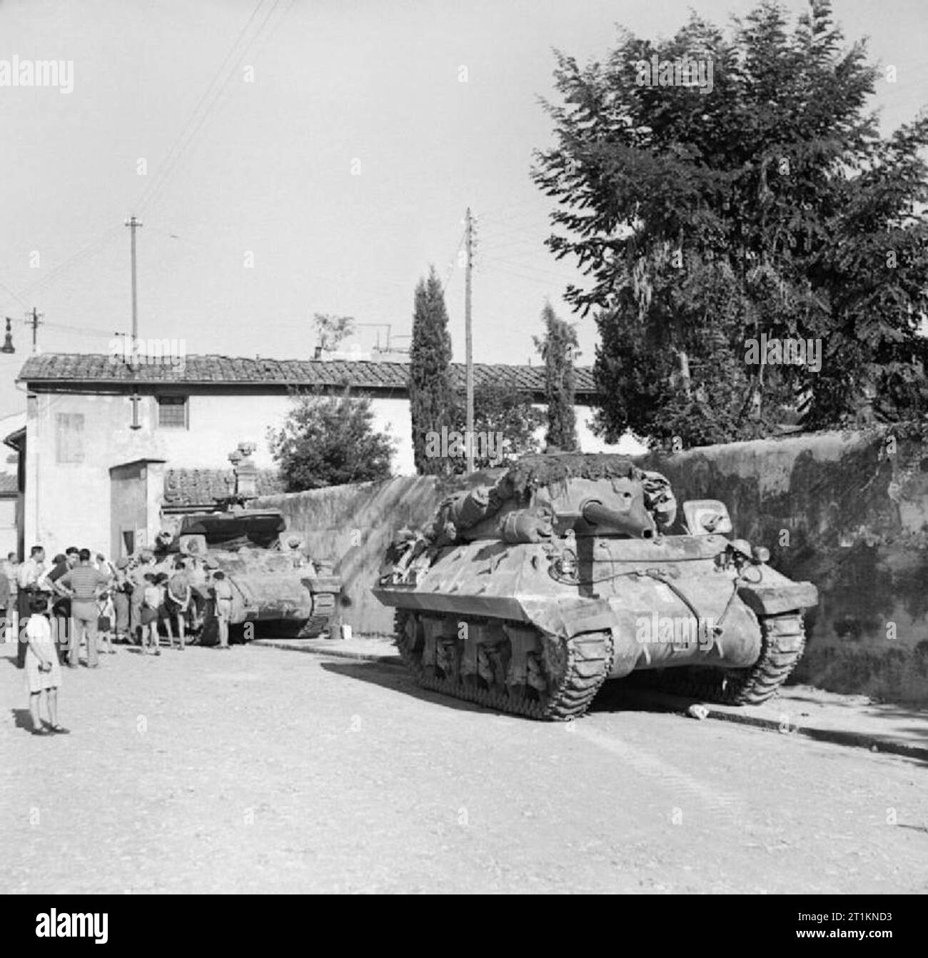 The British Army in Italy 1944 M10 3-inch self-propelled guns parked in the Via Andrea Del Sarto in Florence, 13 August 1944. Stock Photo