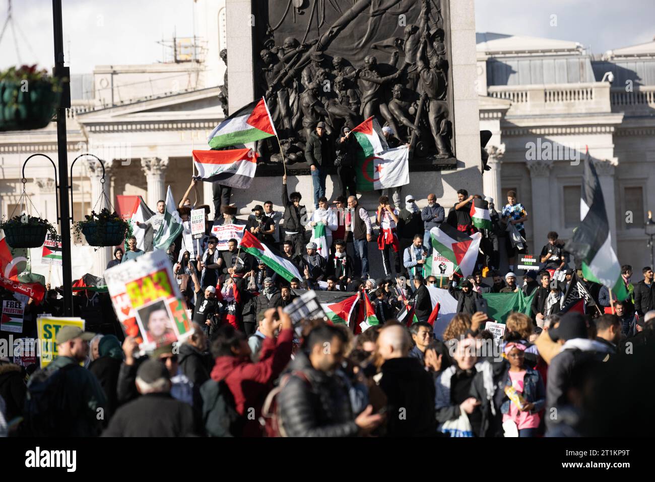 London, UK. 14th Oct, 2023. London protest: Thousands attend pro-Palestinian march amid escalating Israel-Hamas war Protesters at trafalgar Square. Credit: Ian Davidson/Alamy Live News Stock Photo