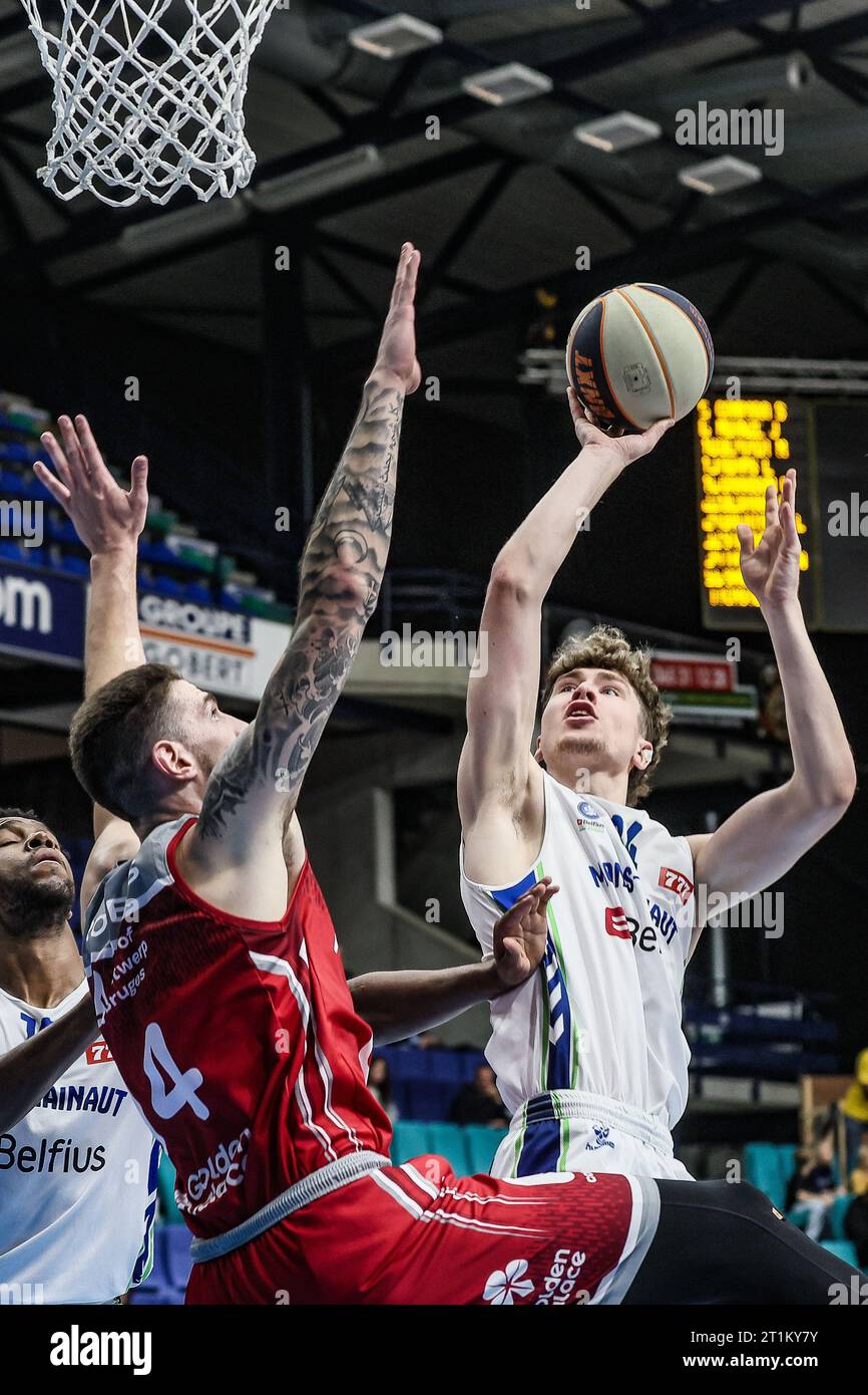 Mons, Belgium. 14th Oct, 2023. Antwerp's Roby Rogiers and Mons' Styrmir