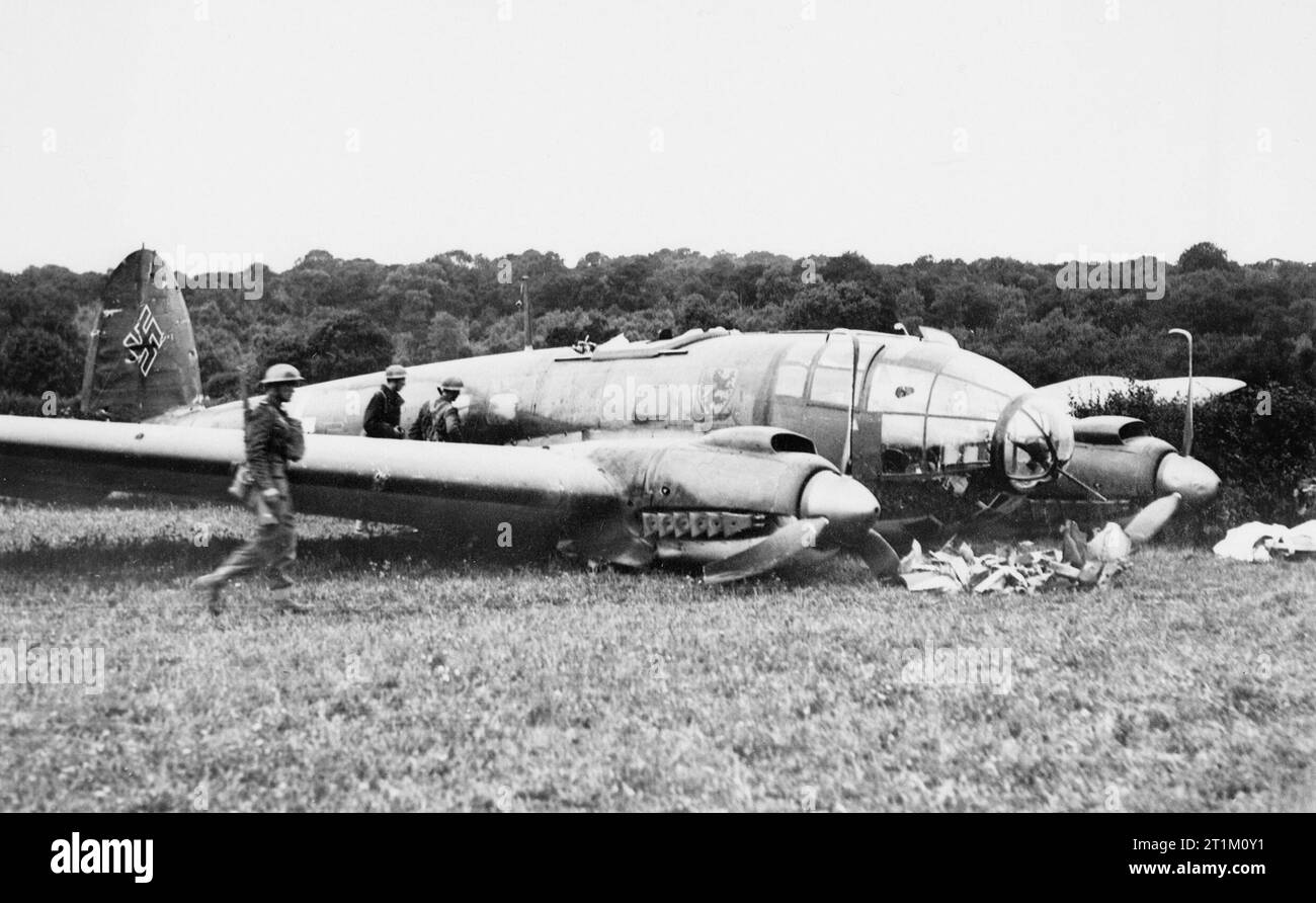 The Battle of Britain A Heinkel He 111 P of Stab/KG 55 which crash-landed at Hipley in Hampshire on 12 July 1940. It was shot down by Hurricanes of 'B' Flight, No. 43 Squadron over Southampton Water. Stock Photo