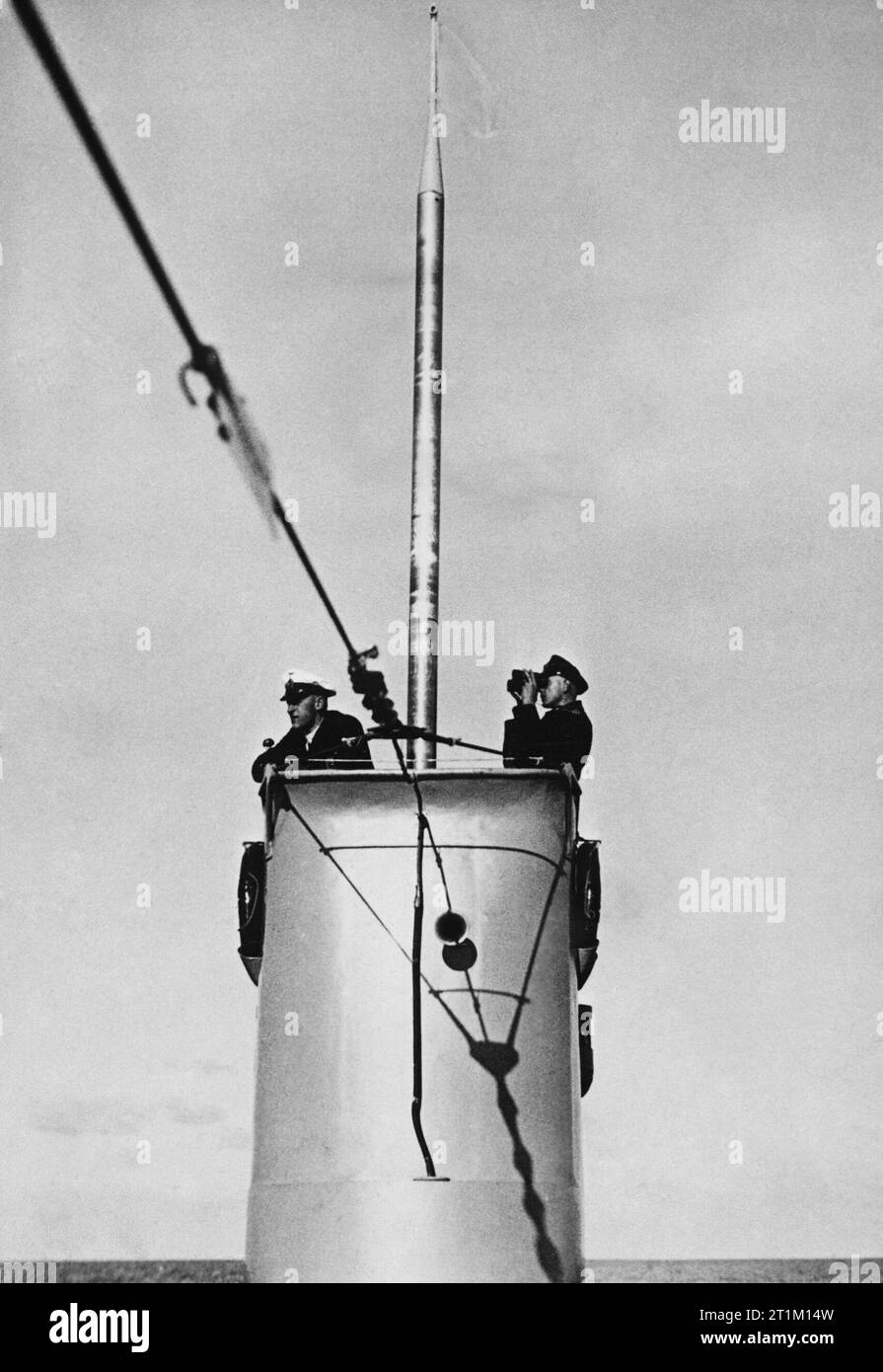 The German Navy in the Second World War Officers in the conning tower of a German Type VIIA U-boat while training in the Baltic. Stock Photo