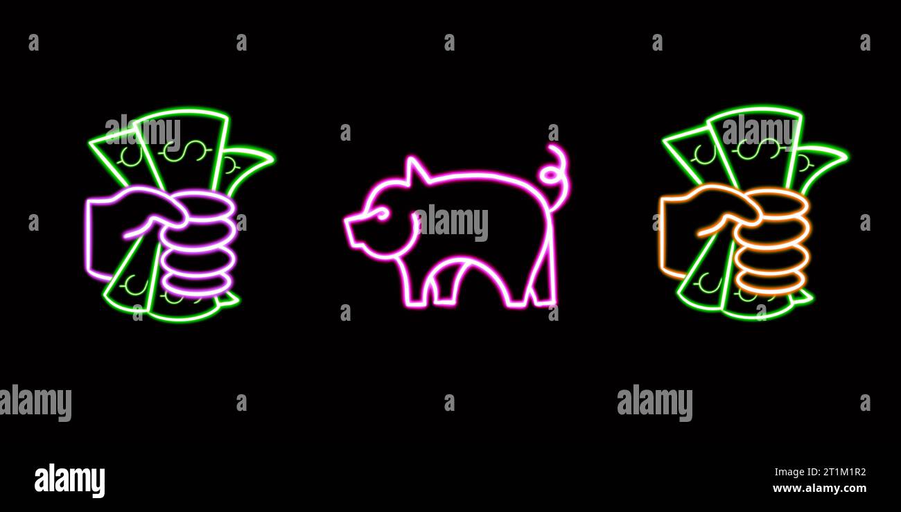 Neon Finance Set, Hand, Dollar, Piggy Bank, Pink. glowing desktop icon, neon sticker, neon figure, glowing figure, neon geometrical figures  Stock Photo