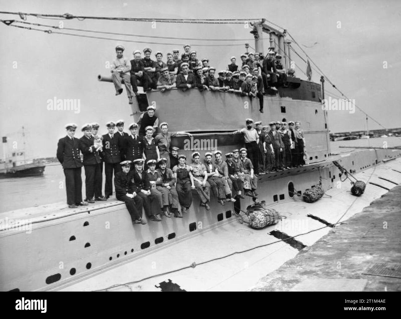 HMSM Osiris Crew lined around the deck. Stock Photo