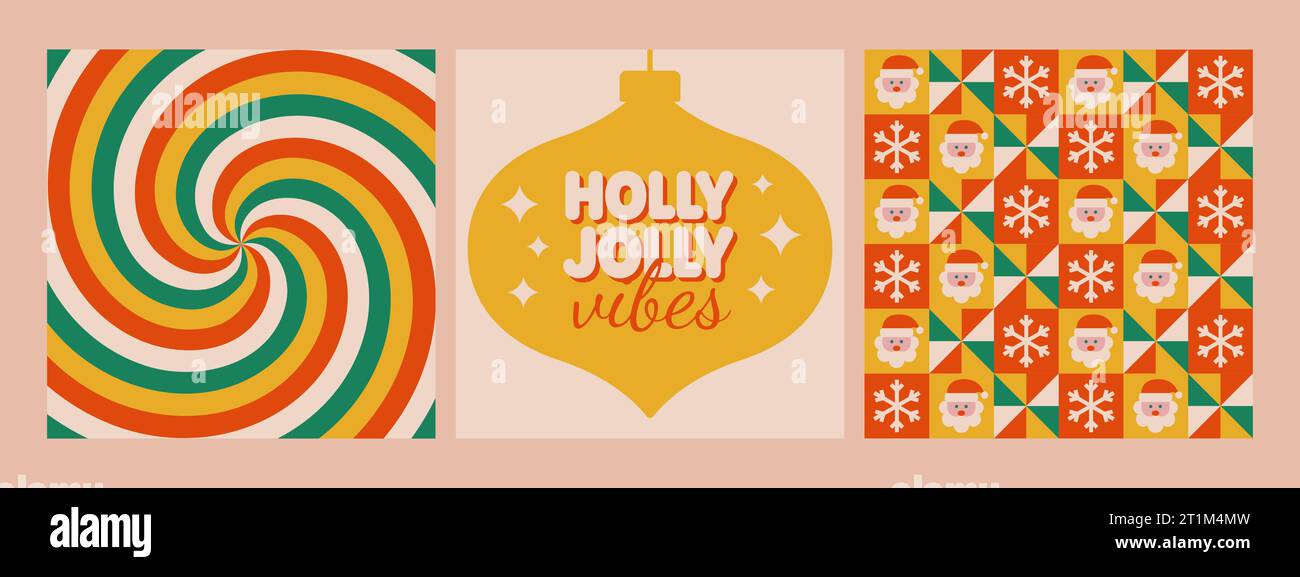 Holly jolly vibes phrase, pattern and twirl background in retro hippie 70s style. Christmas posters. Vector illustration Stock Vector