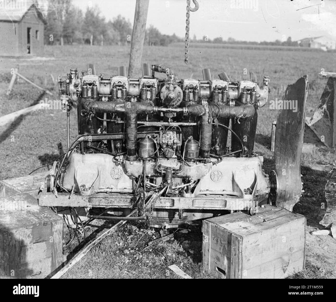 Ministry of Information First World War Official Collection Inlet side of a 240 h. p. Hiero engine of a PHOENIX biplane brought down on British aerodrome. Stock Photo