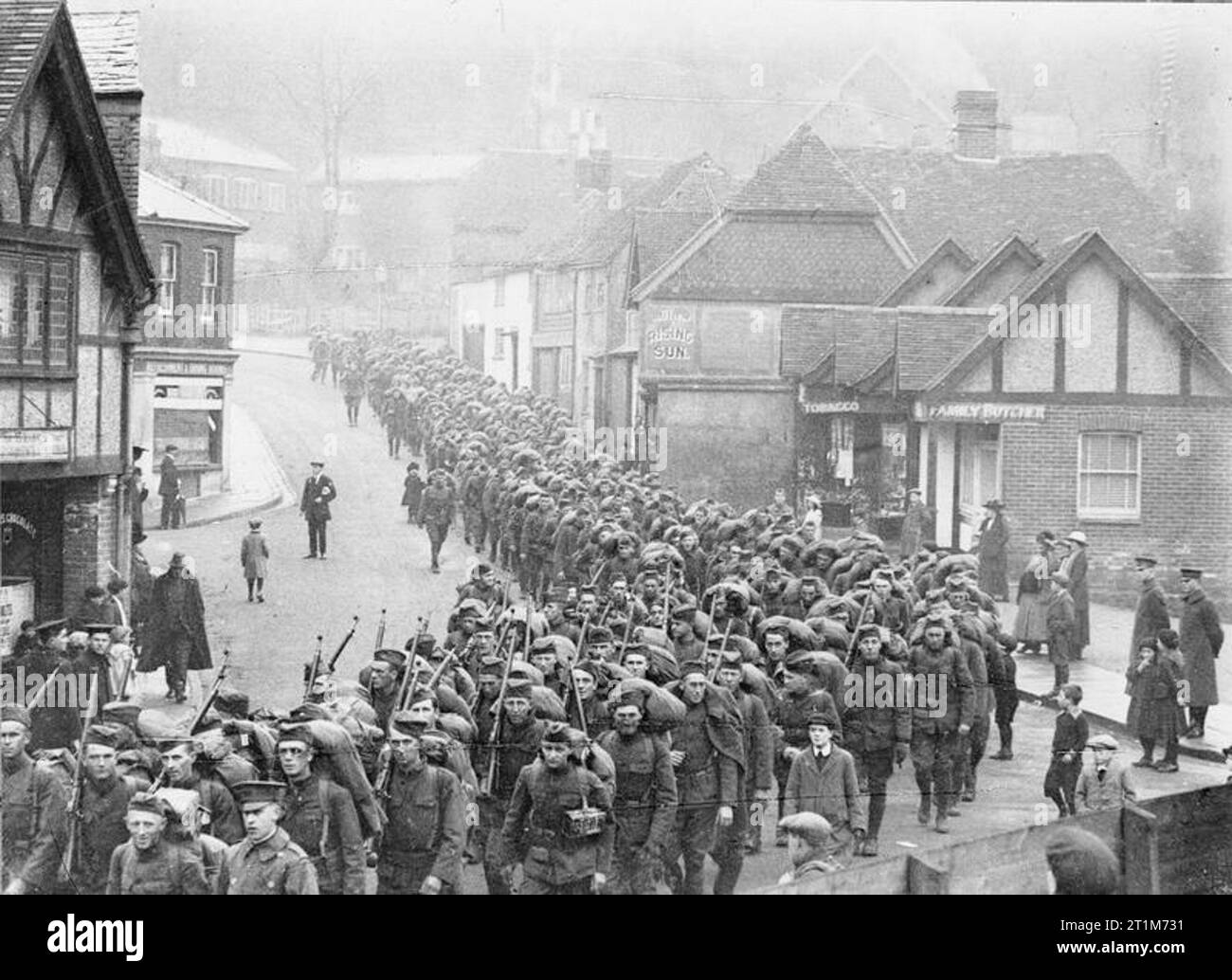 Ministry of Information First World War Official Collection American troops marching through Winchester on their way to the railway station. Stock Photo