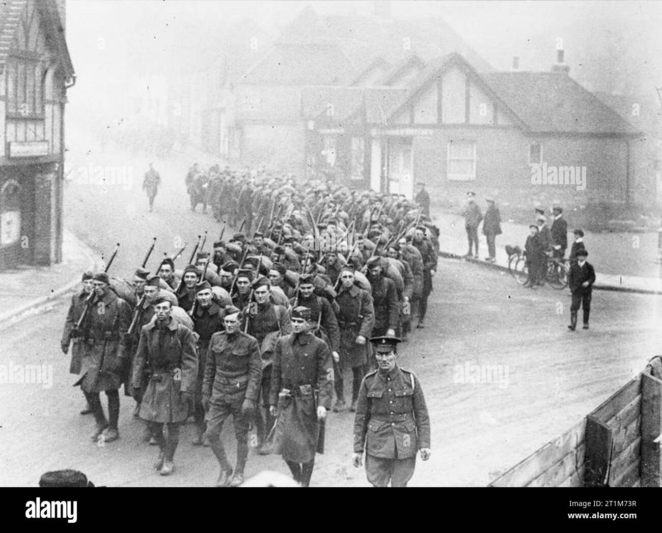 Ministry of Information First World War Official Collection American troops marching through Winchester on their way to the railway station. Stock Photo