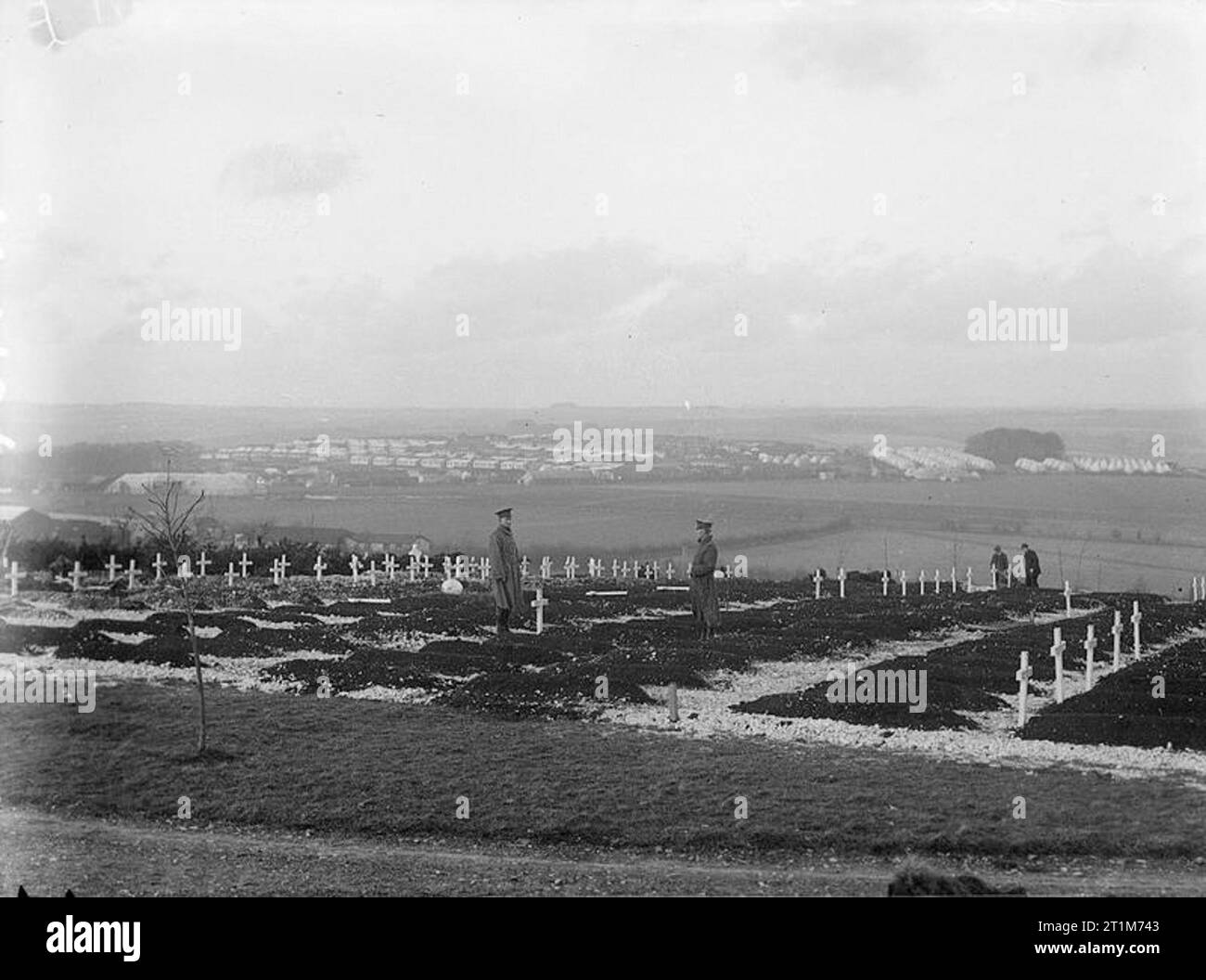 Ministry of Information First World War Official Collection The American Cemetery at Morn Hill Winchester, showing in the distance Winnal Down Camp, this has been used as a rest camp by American troops on their way to the front. Stock Photo