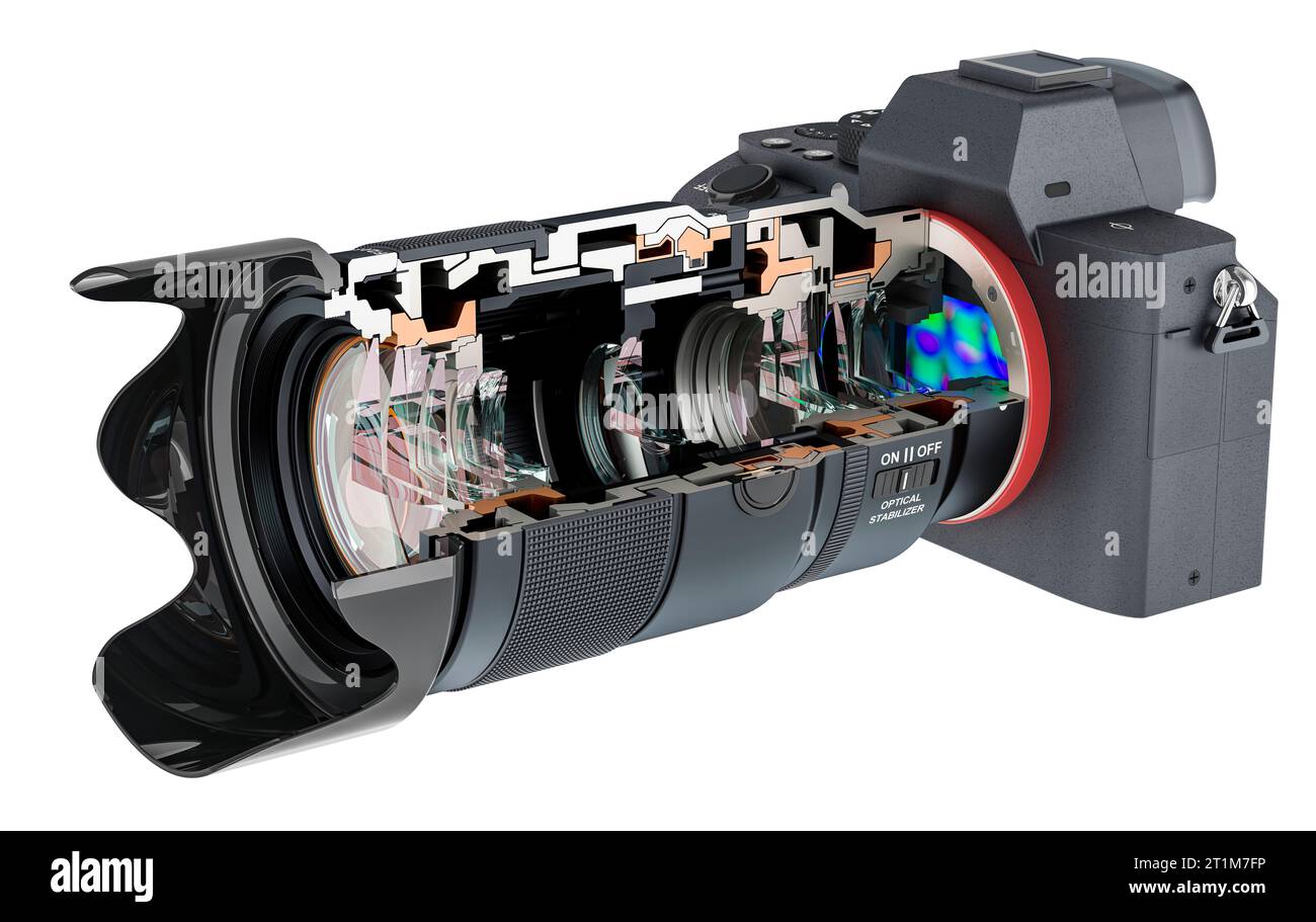 Cross section of mirrorless digital camera with zoom lens, 3D rendering
