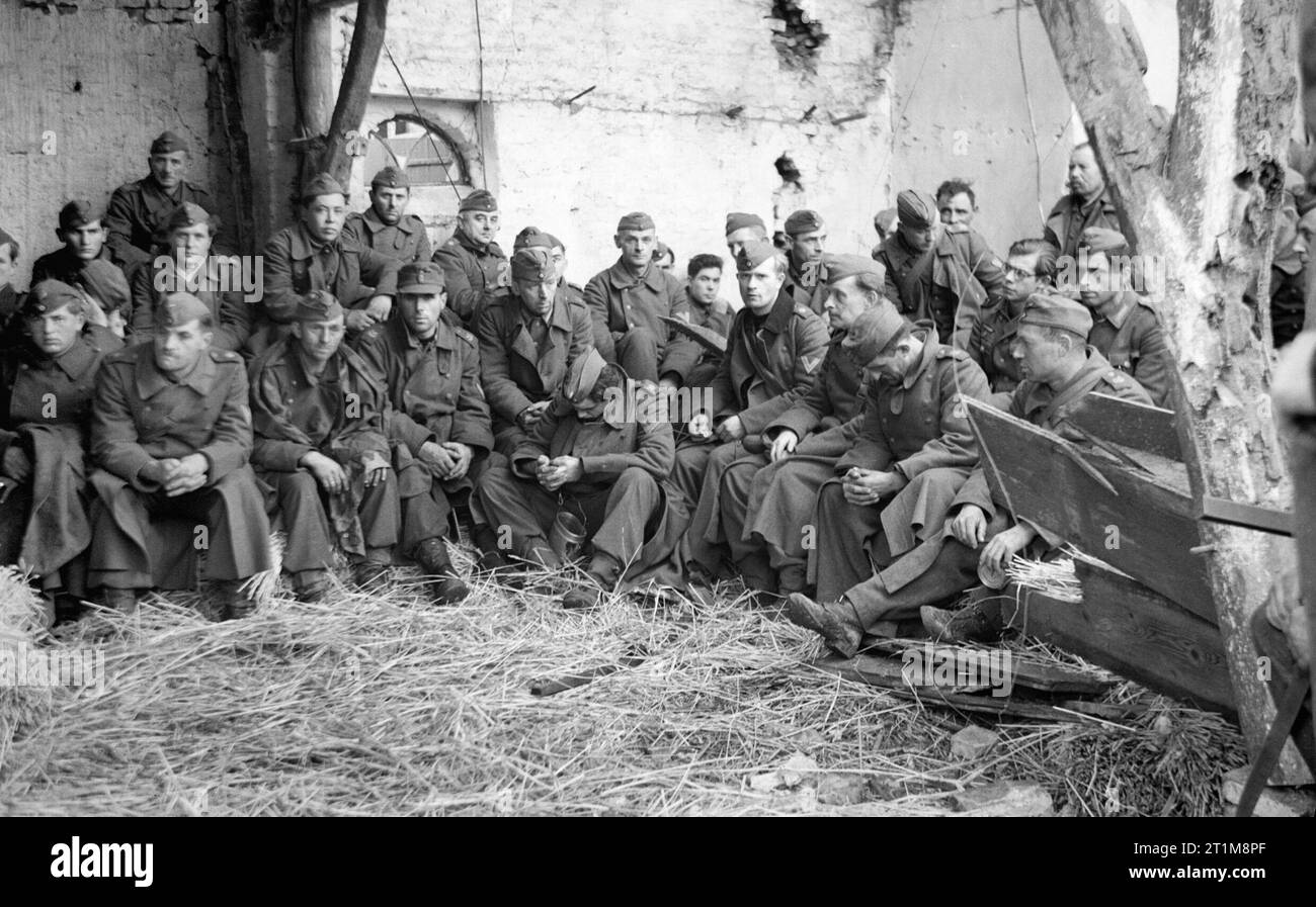 German POWs captured during the Allied assault on Walcheren Island in Holland, November 1944. The occupation of Walcheren Island is going fast. Flushing is in the hands of the British and troops fanning out to the West are close to the Marine Commandos coming downfrom the Weskapelle beachhead (where these pictures were taken). This image shows German prisoners that were taken in the fighting being housed in a barn on the way to the Prisoner of War cages. Stock Photo