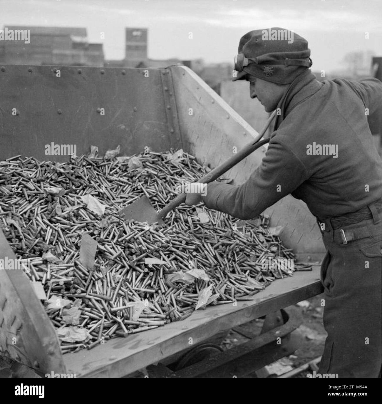 Battlefield Salvage For Raw Materials The process of salvaging lead from German small arms ammunition: At No.9 Base Salvage Depot, Vilvorde, Belgium, rifle ammunition is loaded into metal bins prior to heating to a high temperature which causes the cartridges to explode. Stock Photo