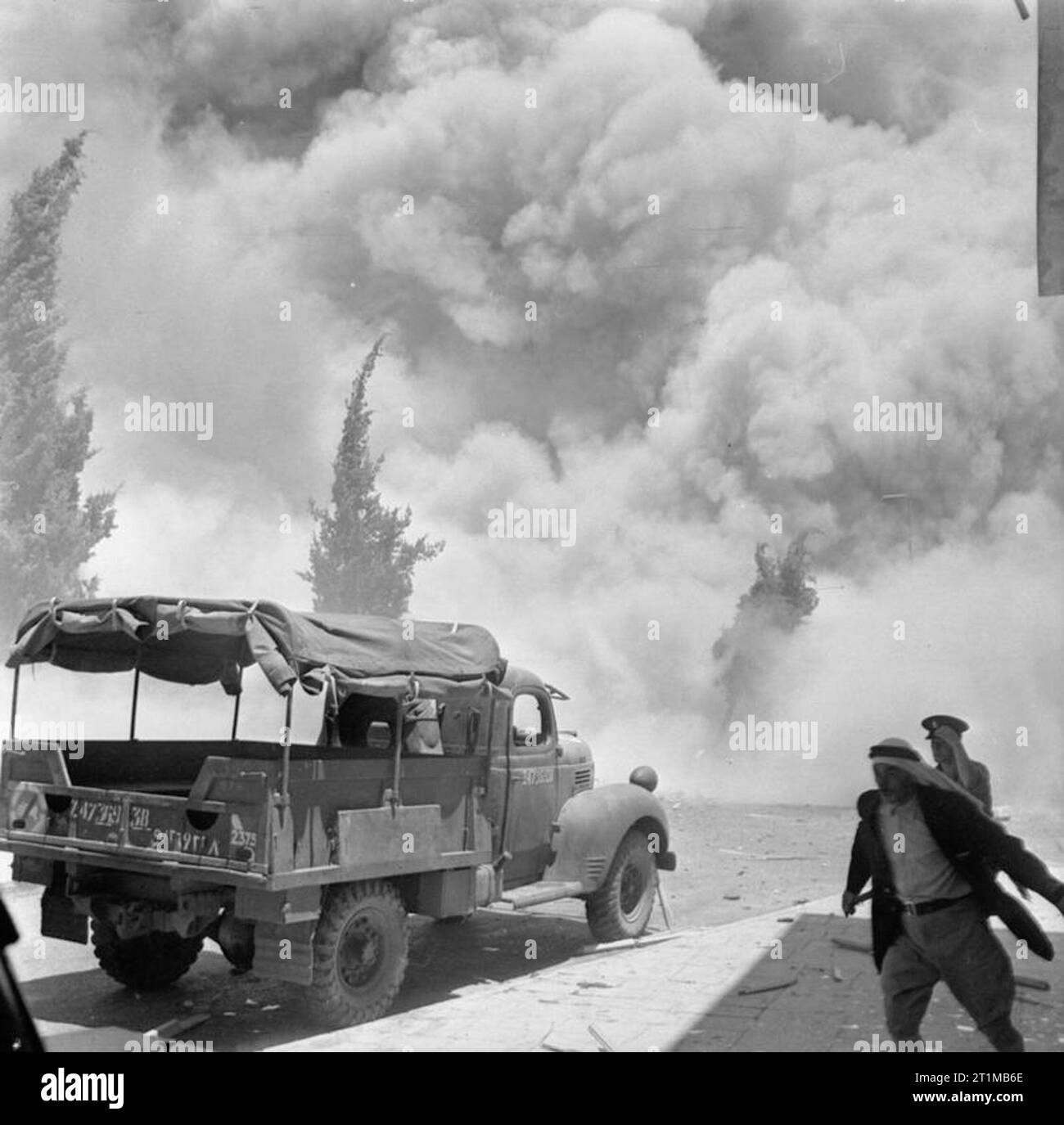 British Forces in the Middle East, 1945-1947 The explosion of a second bomb at the King David Hotel in Jerusalem. The hotel housed the Military headquarters for all armed forces in Palestine as well as the offices of the Palestine Government. The attack on the hotel was the biggest blow struck against British rule in Palestine by fighters of the Jewish 'Irgun' organisation. Stock Photo