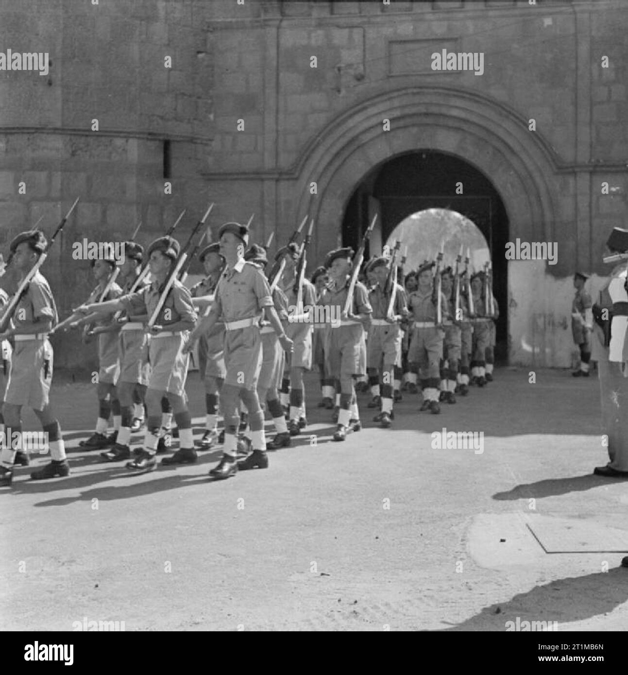 British Forces in the Middle East, 1945-1947 The British guard of honour, formed by men of the Highland Light Infantry, leave the Citadel in Cairo after the ceremony marking the formal handover of the Citadel in Cairo to local control. This was the first step towards the ending of British rule in Egypt. Stock Photo