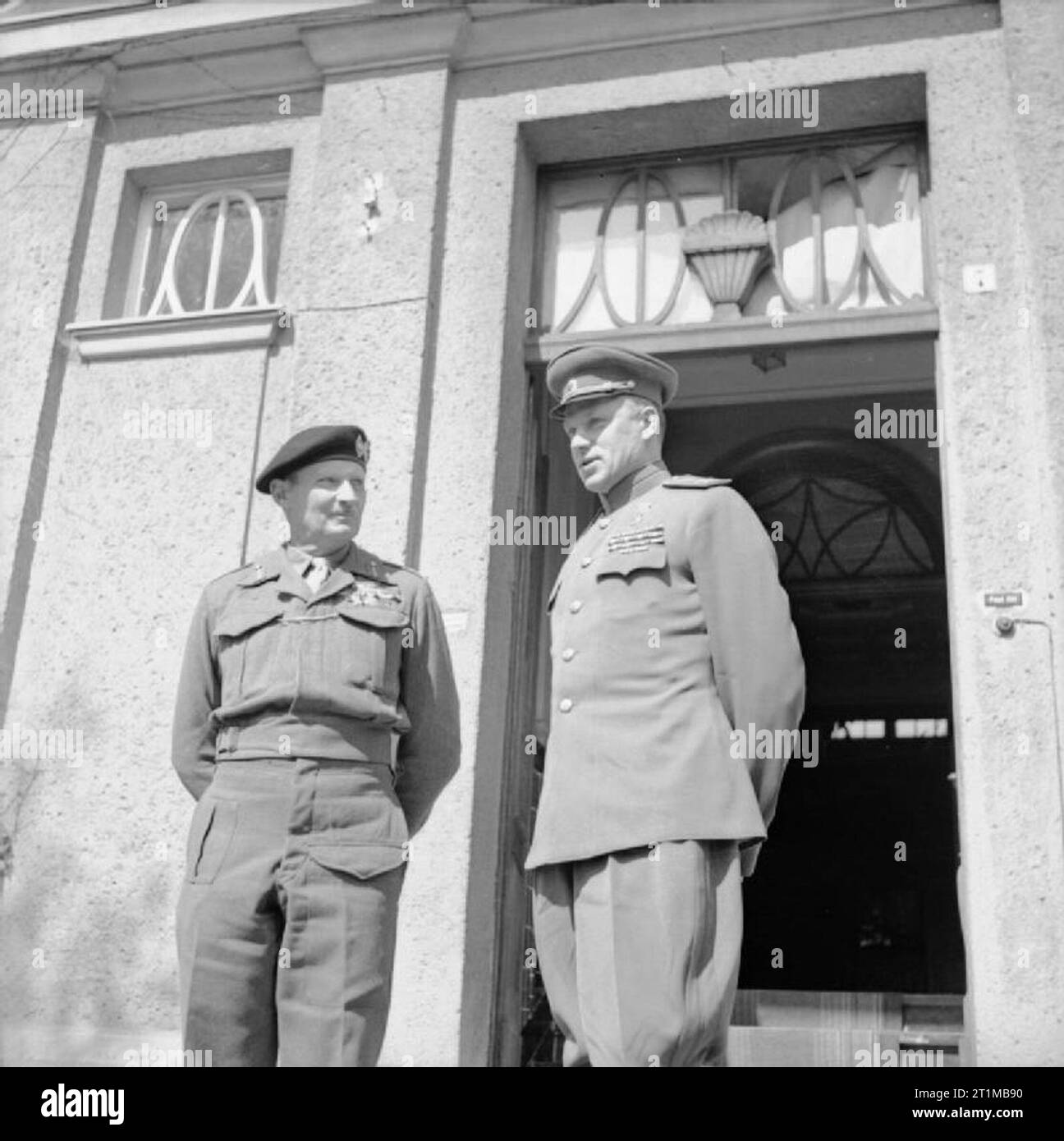 The British Army in North-west Europe 1944-45 Field Marshal Montgomery with Russian Field Marshal Rokossovsky outside 6th Airborne Division HQ at Wismar, 7 May 1945. Stock Photo