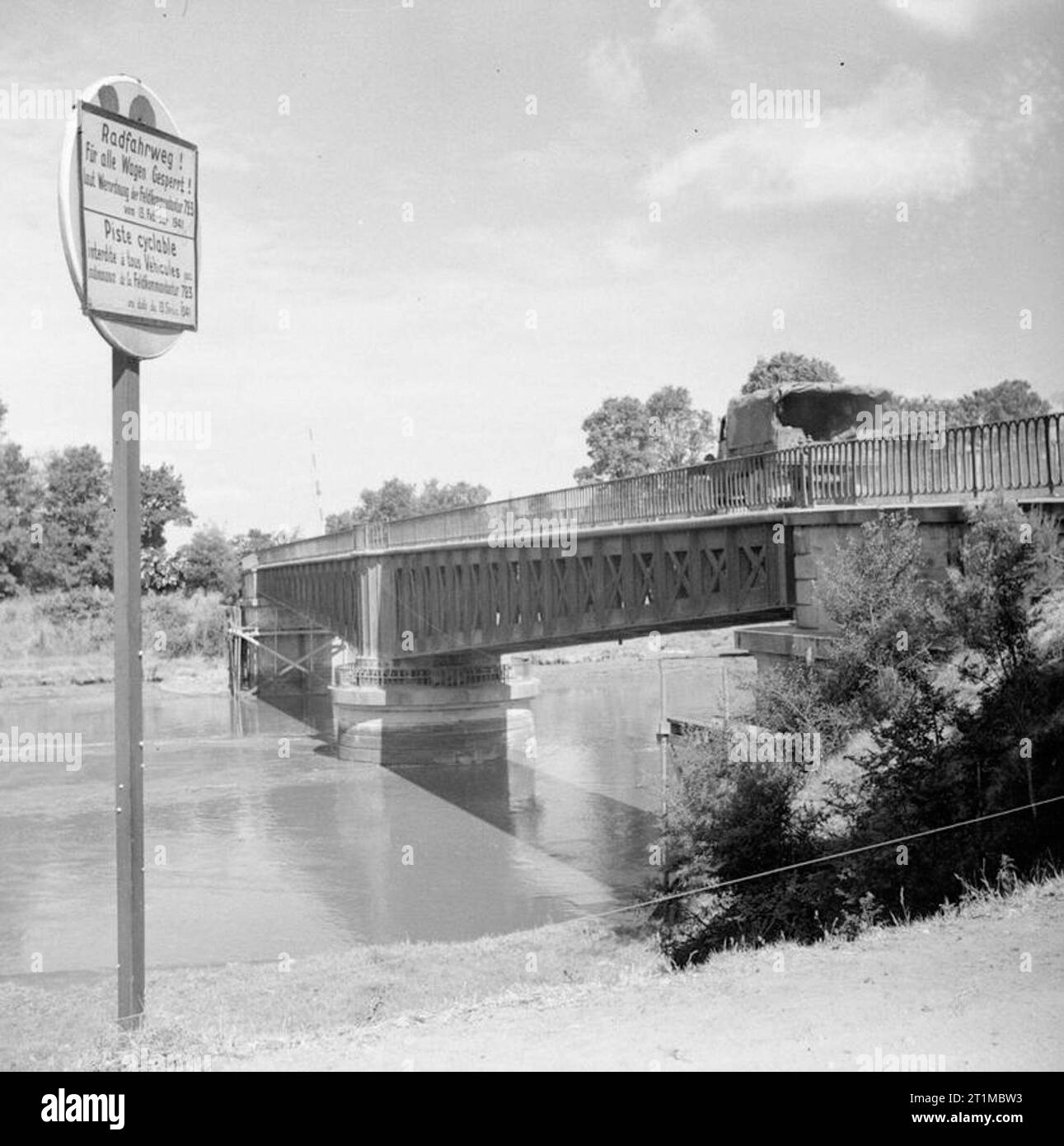 The British Army in the Normandy Campaign 1944 A lorry from 3rd Division crosses the Orne River bridge ('Horsa Bridge') between Ranville and Benouville, 8 June 1944. The bridge was captured by 6th Airborne Division in the early hours of D-Day. View from the east. Stock Photo