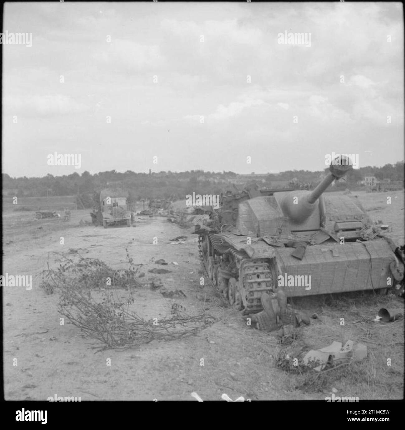 The British Army in the Normandy Campaign 1944 Knocked-out German StuG III assault gun and soft-skin vehicles shot up by Allied fighter-bombers, 21 August 1944. Stock Photo