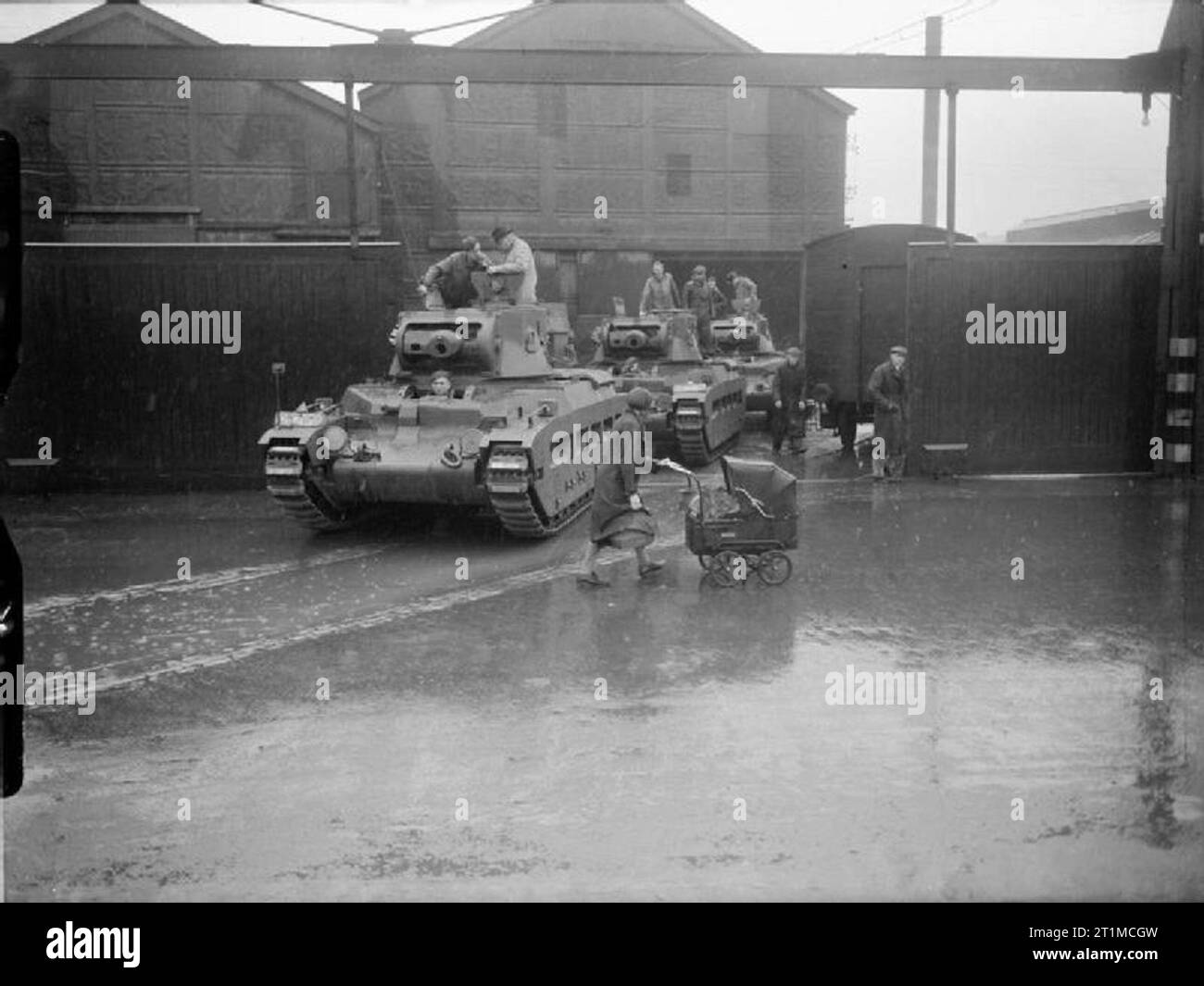 The British Army in the United Kingdom 1939-45 Newly-completed Matilda tanks leave the Vulcan Foundry at Newton-Le-Willows in Lancashire, 3 October 1941. Stock Photo