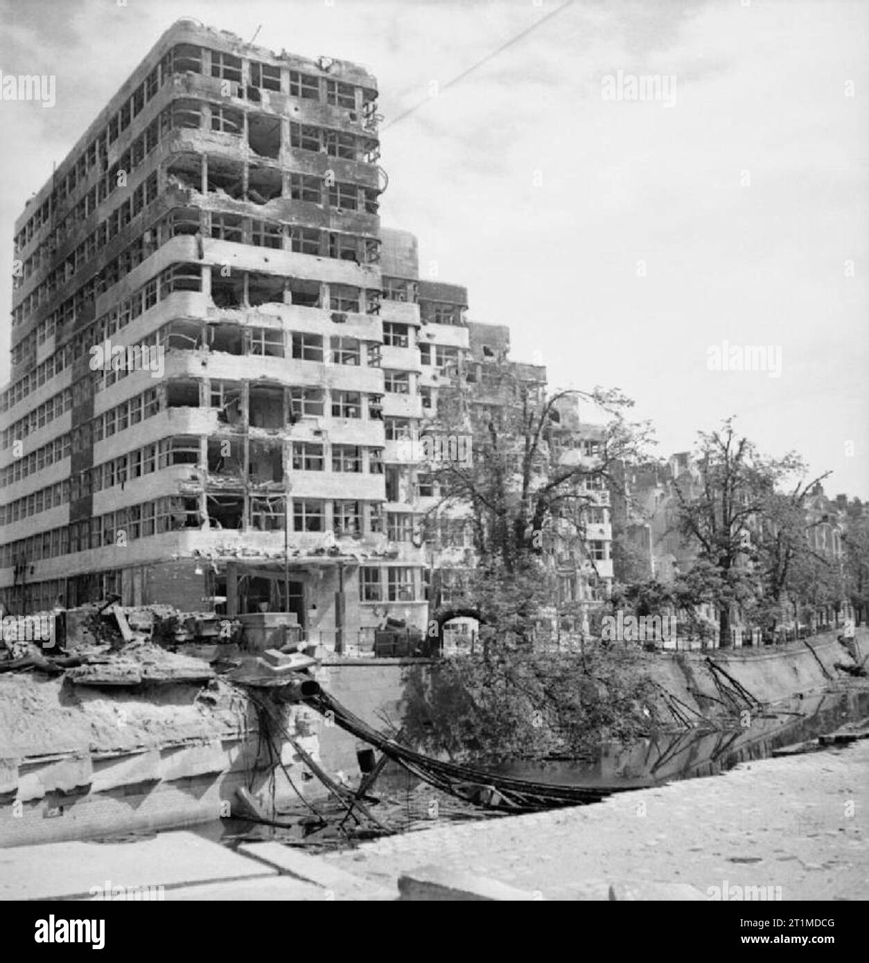 Shell House, a modernist office building in Berlin, after World War II.Original description: 'Germany Under Allied Occupation Modern flats in Berlin bearing the scars of war.' Stock Photo