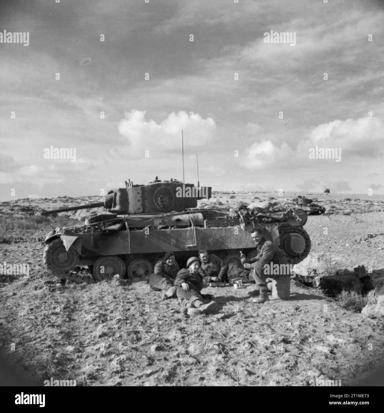 The British Army in Tunisia 1943 A Valentine tank crew relax after an action near Bou Arada, 13 January 1943. Stock Photo