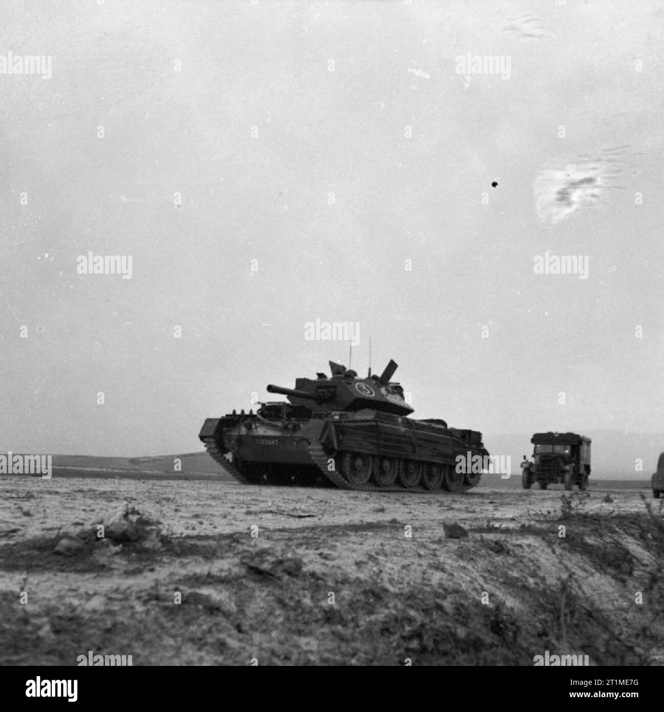 The British Army in Tunisia 1943 Crusader III tank of the 17/21st Lancers, 26th Armoured Brigade, 6th Armoured Division, on a road near Bou Arada, 13 January 1943. Stock Photo