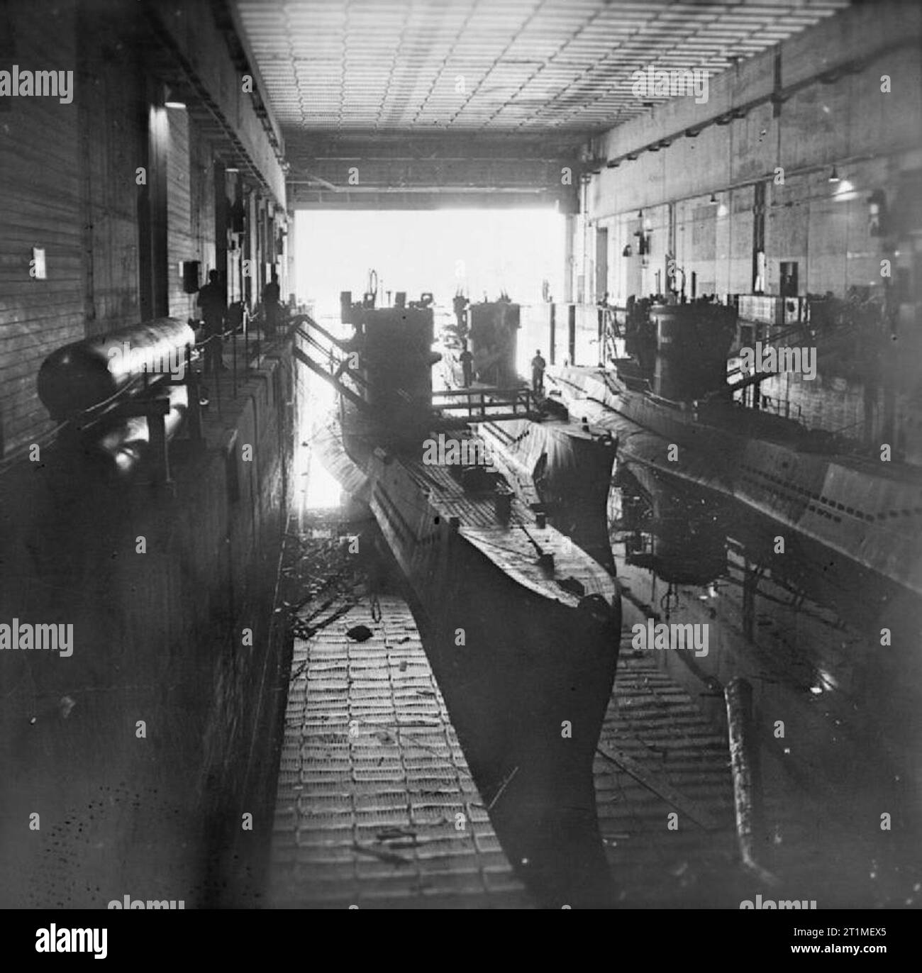 The Campaign in North-west Europe 1944-45 Three U-boats in a submarine pen at Trondheim, 19 May 1945. Stock Photo