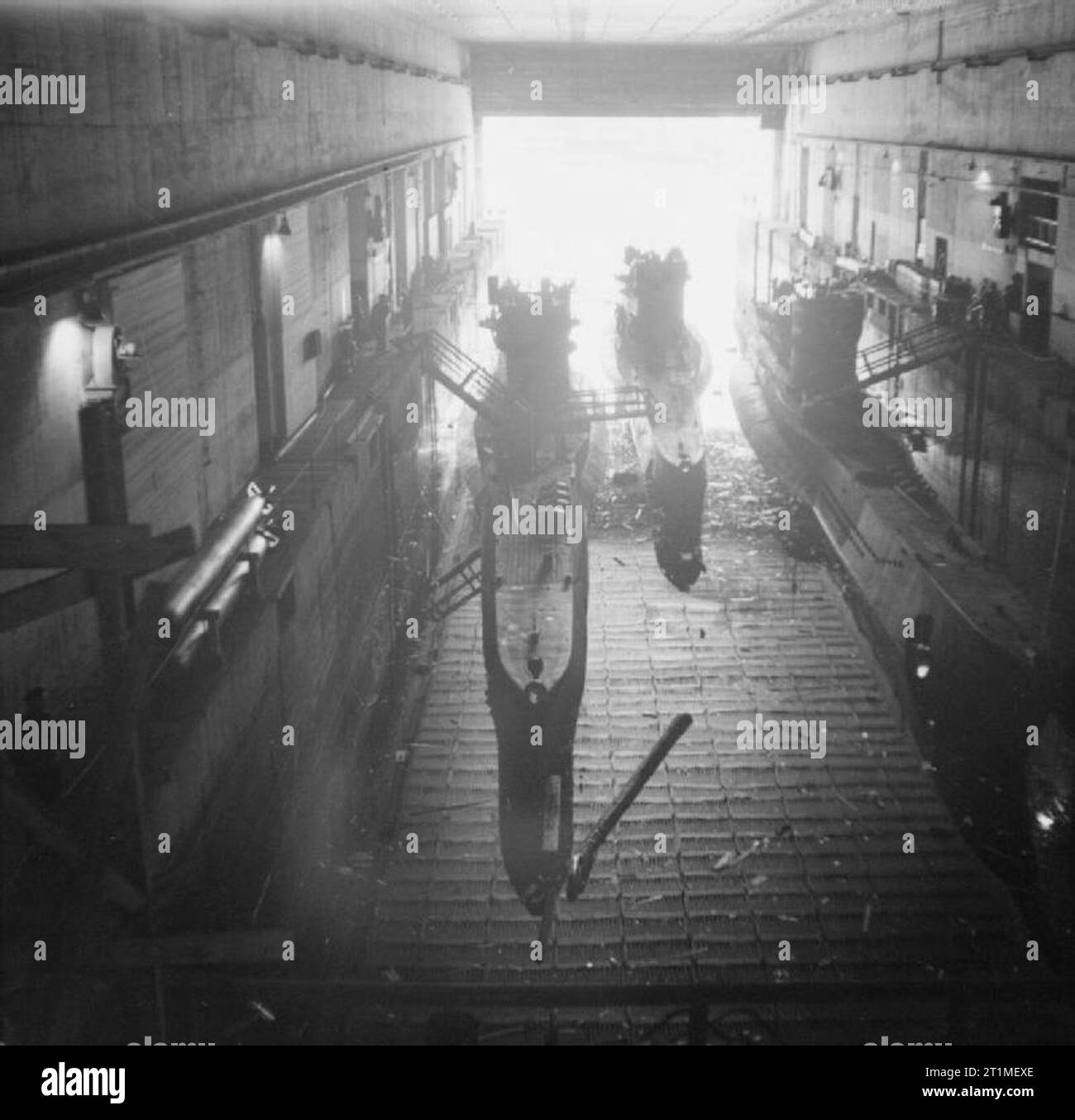 The Campaign in North-west Europe 1944-45 Three U-boats in a submarine pen at Trondheim, 19 May 1945. Stock Photo