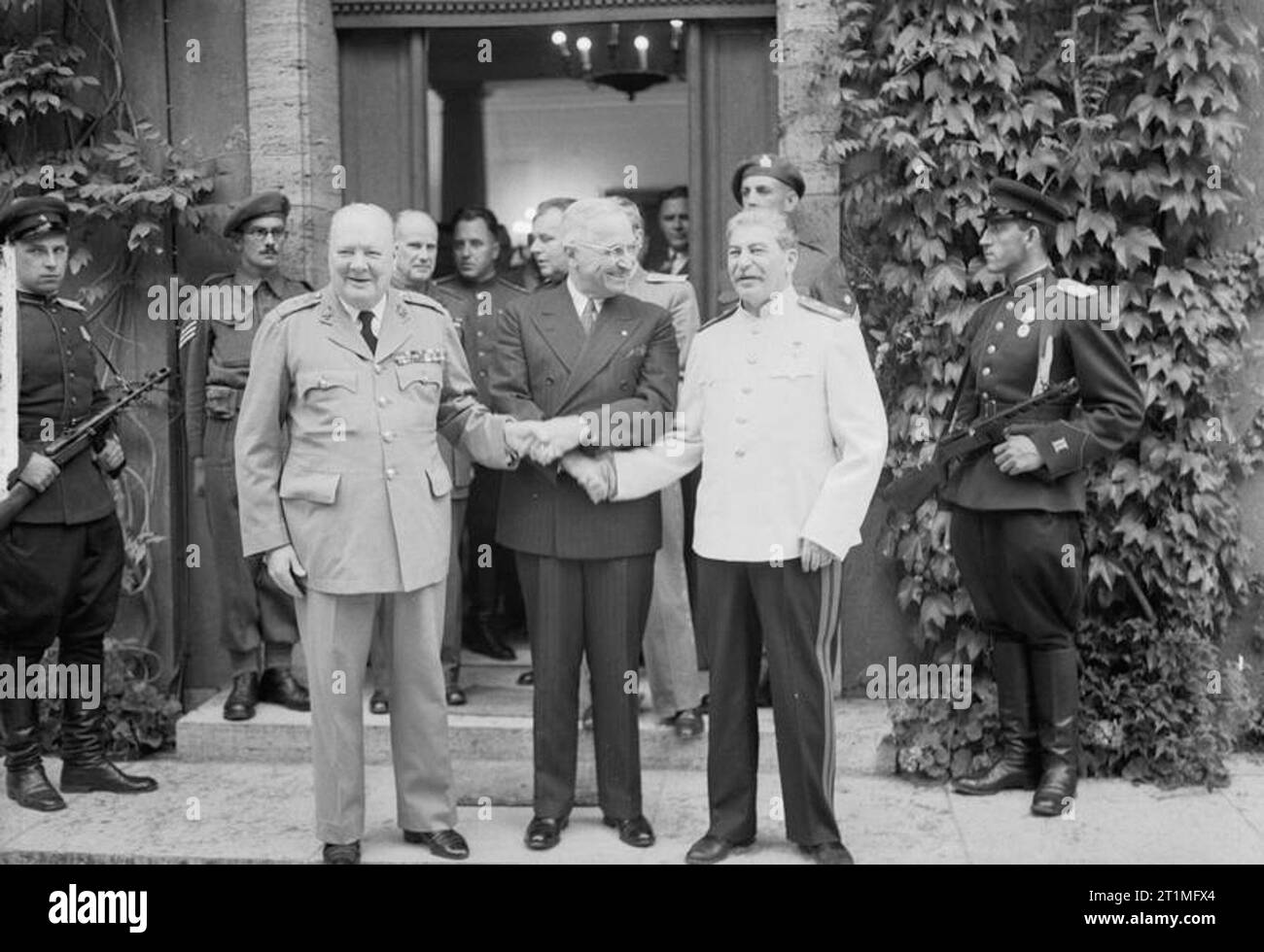 The Potsdam Conference, July 1945 Prime Minister Churchill, President Truman and Marshal Stalin shake hands after the conference. Code-named TERMINAL this was the final Big Three meeting of the war. Stock Photo