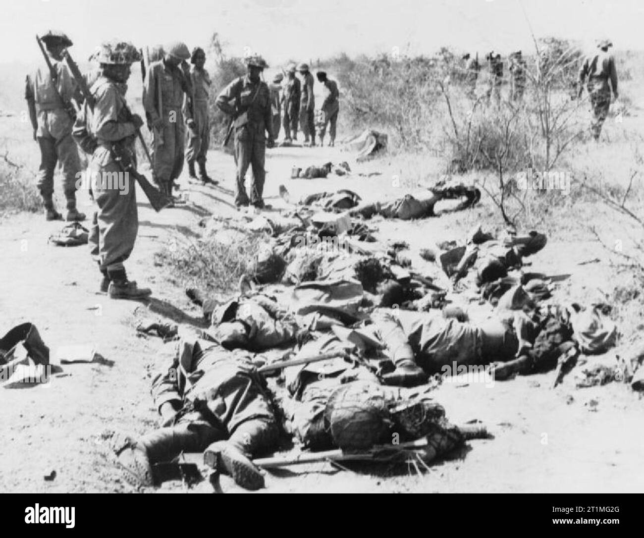 The War in the Far East- the Burma Campaign 1941-1945 The Campaign in Mandalay February - March 1945: Japanese dead lie on the ground after an unsuccessful counter attack at Meiktila. Stock Photo