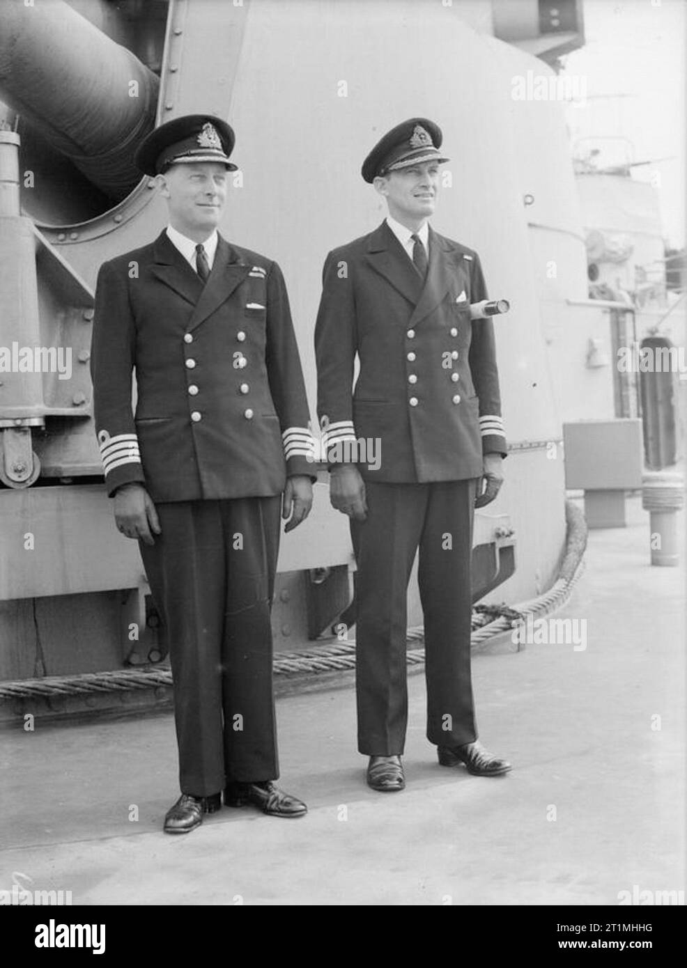 British Skippers. April 1943. Left to right: Captain J S Storey, DSO, RN, and Commander L C S Skinner of HMS JAMAICA. Stock Photo