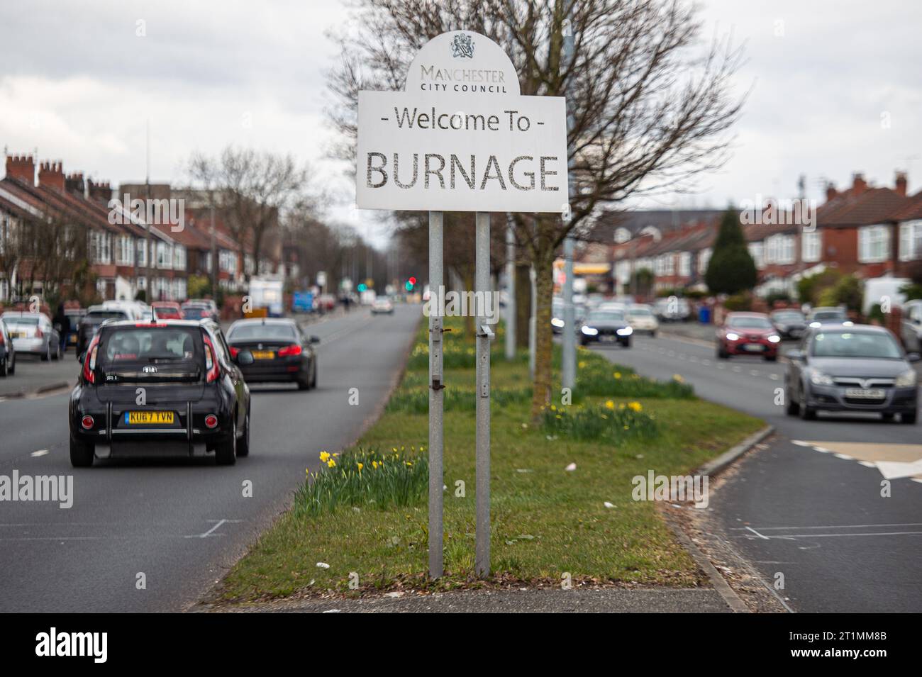 A welcome sign on the A34 Kingsway in Burnage, Manchester Stock Photo