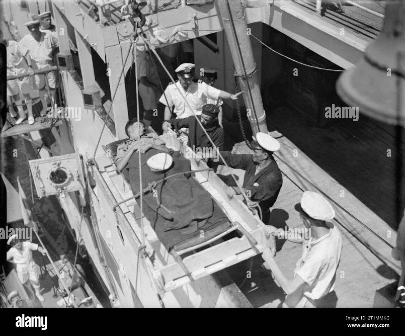 The Royal Navy during the Second World War A patient being hoisted on board HMHS MAINE at Lake Timsah, Ismalia, Suez Canal. Stock Photo