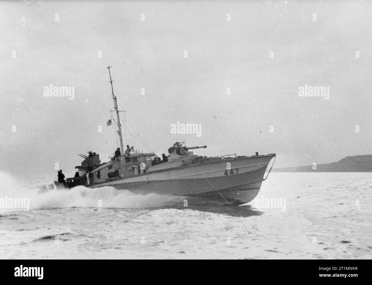 The Royal Navy during the Second World War 71.5ft British Power Boat MTB 447 based at the coastal forces base HMS BEEHIVE. The boat was not fitted with tubes and was really a Motor Gun Boat. Powered by three Packard engines, it had a complement of two officers and 14 ratings. The armament included a 2pdr pom-pom and three 20mm Oerlikons. Stock Photo
