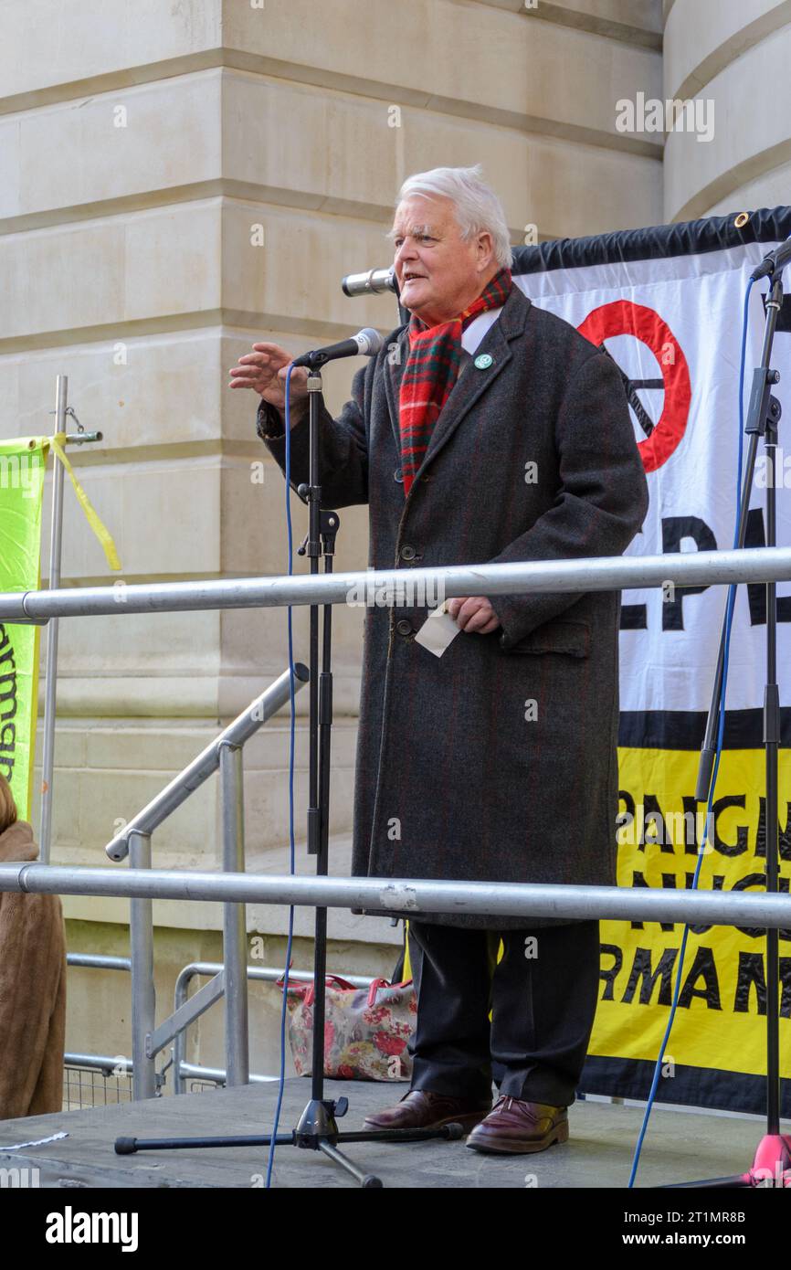 Horse Guards Avenue,, London, UK - April 2015: Bruce Kent activist and honorary vice president of CND making a speech at a Vote Out Trident event. Stock Photo