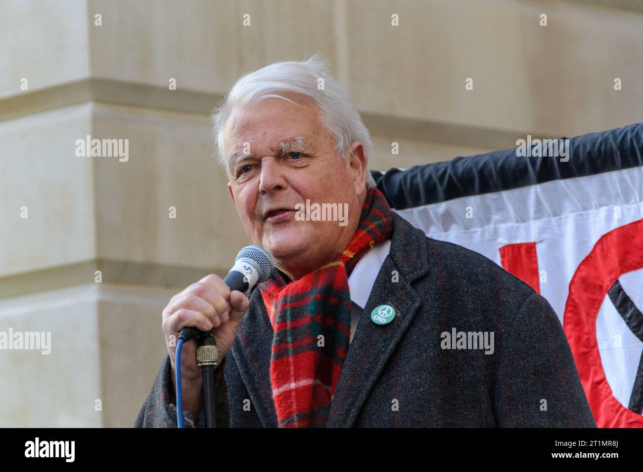 Horse Guards Avenue,, London, UK - April 2015: Bruce Kent activist and honorary vice president of CND making a speech at a Vote Out Trident event. Stock Photo