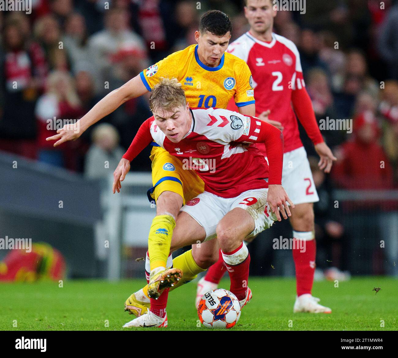Denmark's Rasmus Hoejlund and Kazakhstan's Baktiyor Zainutdinov during ...