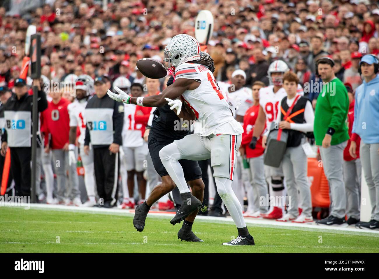 West Lafayette, Indiana, USA. 14th October, 2023. Marvin Harrison Jr. (18). Ohio State University football defeats Purdue University 41-7 at Ross-Ade Stadium. (Kindell Buchanan/Alamy Live News) Stock Photo