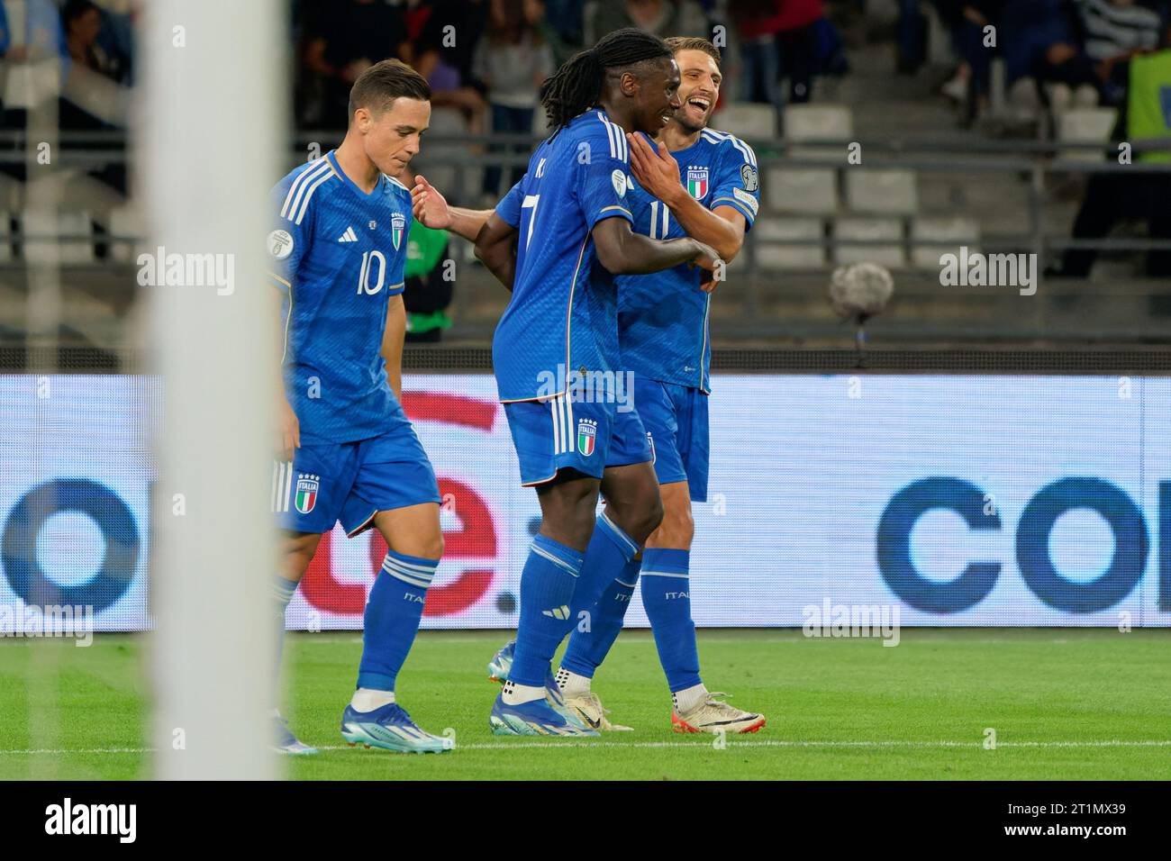 Bari, Italy. 14th Oct, 2023. Domenico Berardi of Italy celebrates after scoring a goal with 