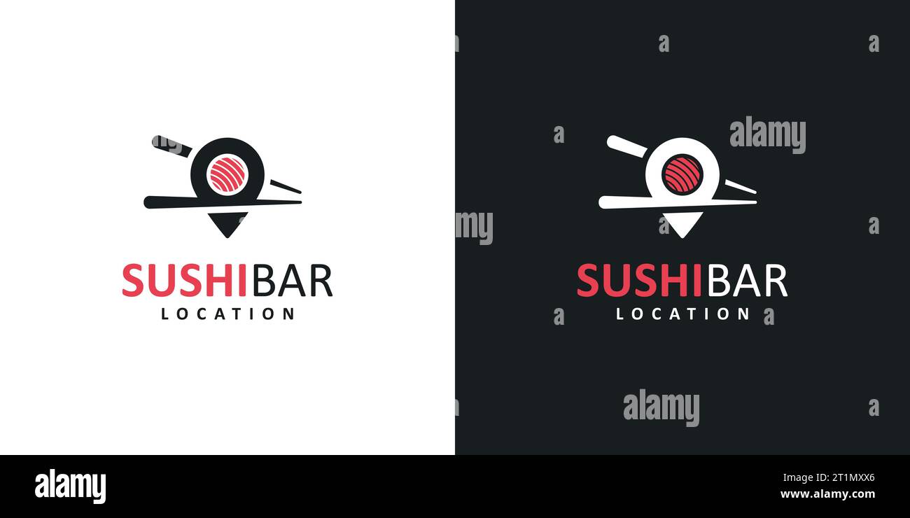 Pinpoint location logo design template with abstract sushi and chopsticks design graphic vector illustration. Symbol, icon, creative. Stock Vector