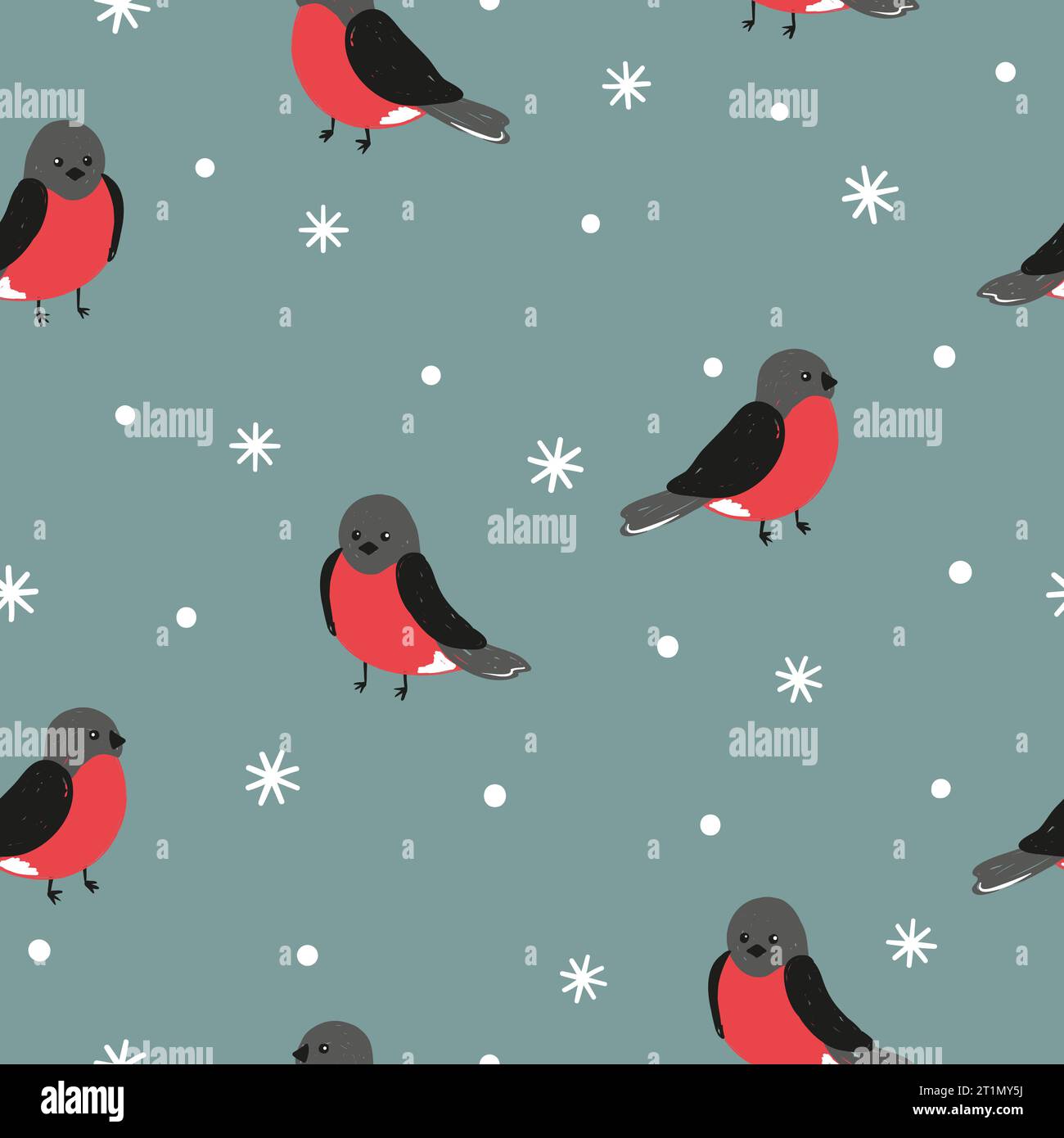 Seamless bullfinches pattern. Vector winter background with birds. Stock Vector