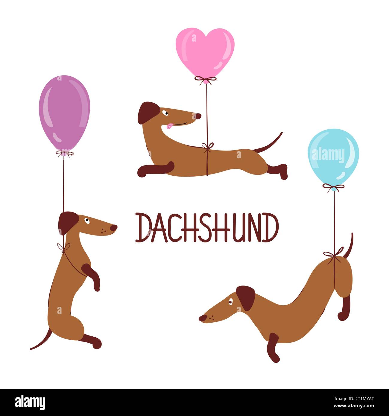 Set of cartoon dachshunds with balloons. Vector illustration of cute dogs Stock Vector