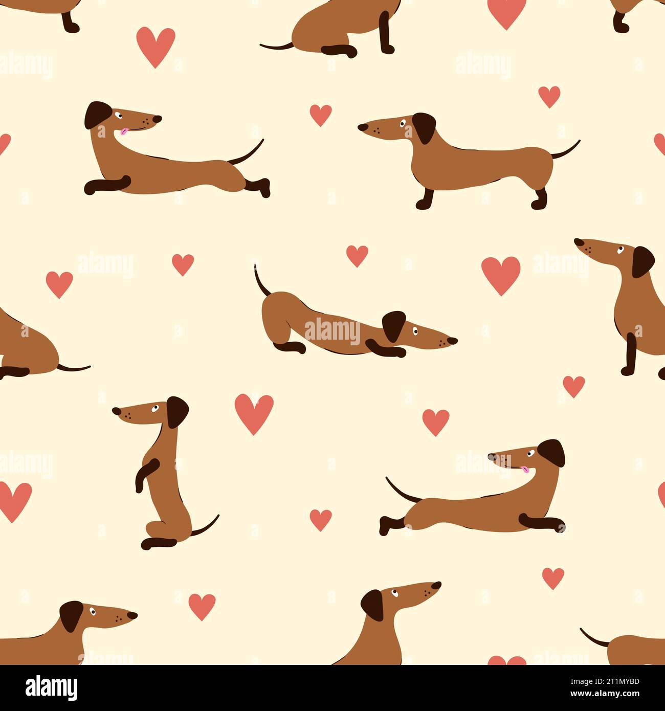 Seamless pattern with cute cartoon dachshunds and hearts. Vector dog illustration Stock Vector