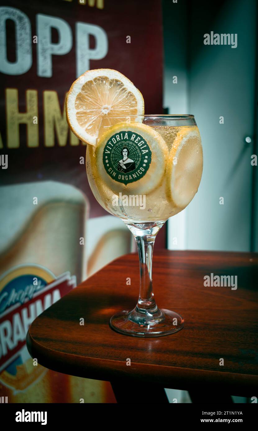 A glass of a traditional and refreshing gin drink with Sicilian lemon sold in the Municipal Market of São Paulo, Brazil. Stock Photo