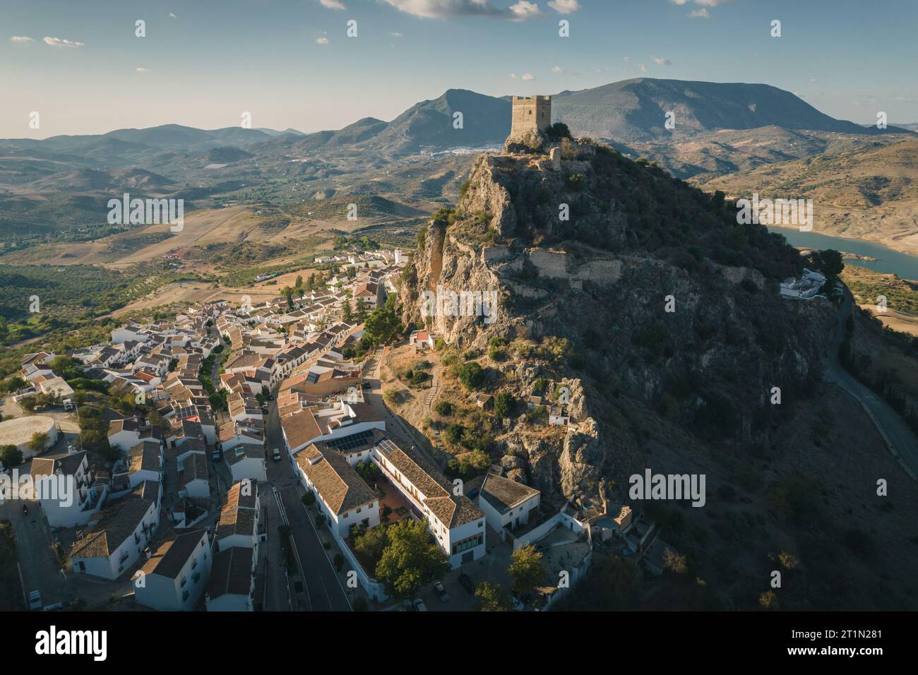 Aerial view of Zahara de la Sierra, an ancient village on the mountain ...