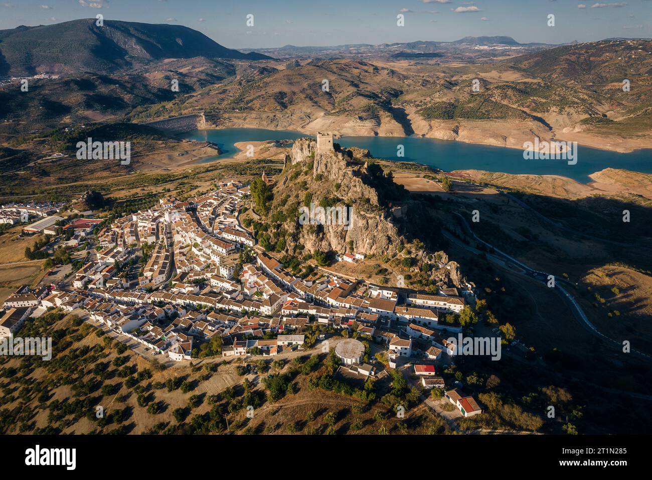 Aerial view of Zahara de la Sierra, an ancient village on the mountain ...