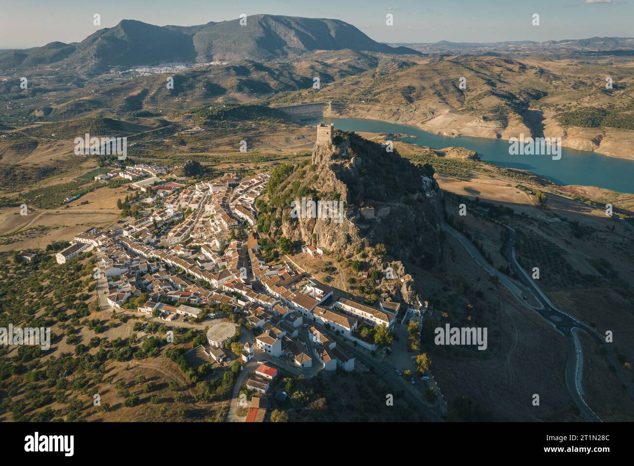 Aerial view of Zahara de la Sierra, an ancient village on the mountain ...
