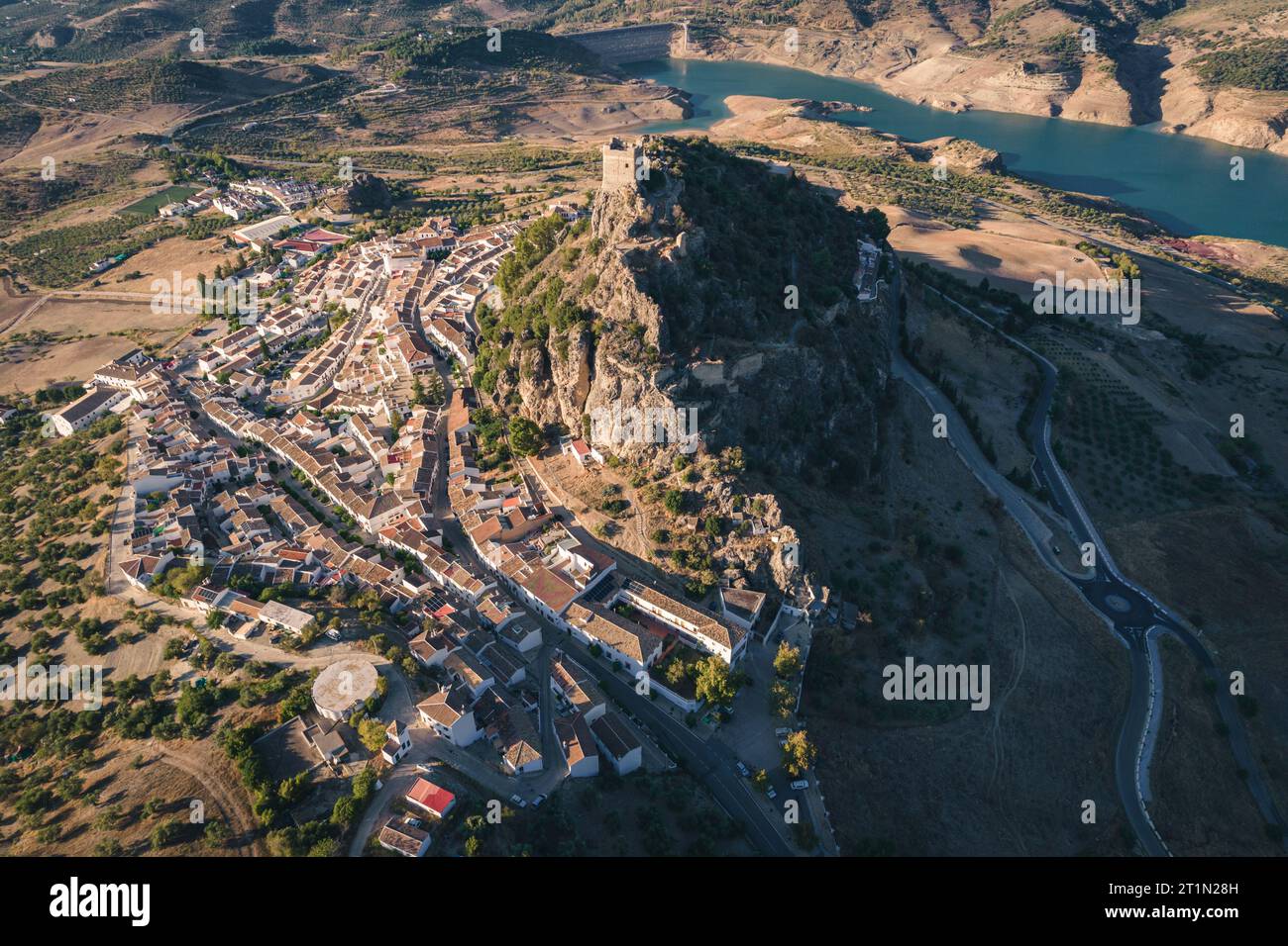 Aerial view of Zahara de la Sierra, an ancient village on the mountain ...